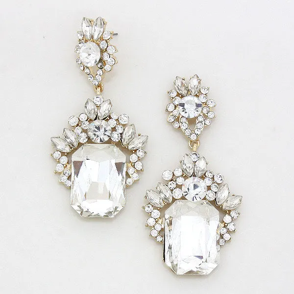 Emerald Cut Clear Stone Dangle Earrings on Gold | Prom Earrings | 250421