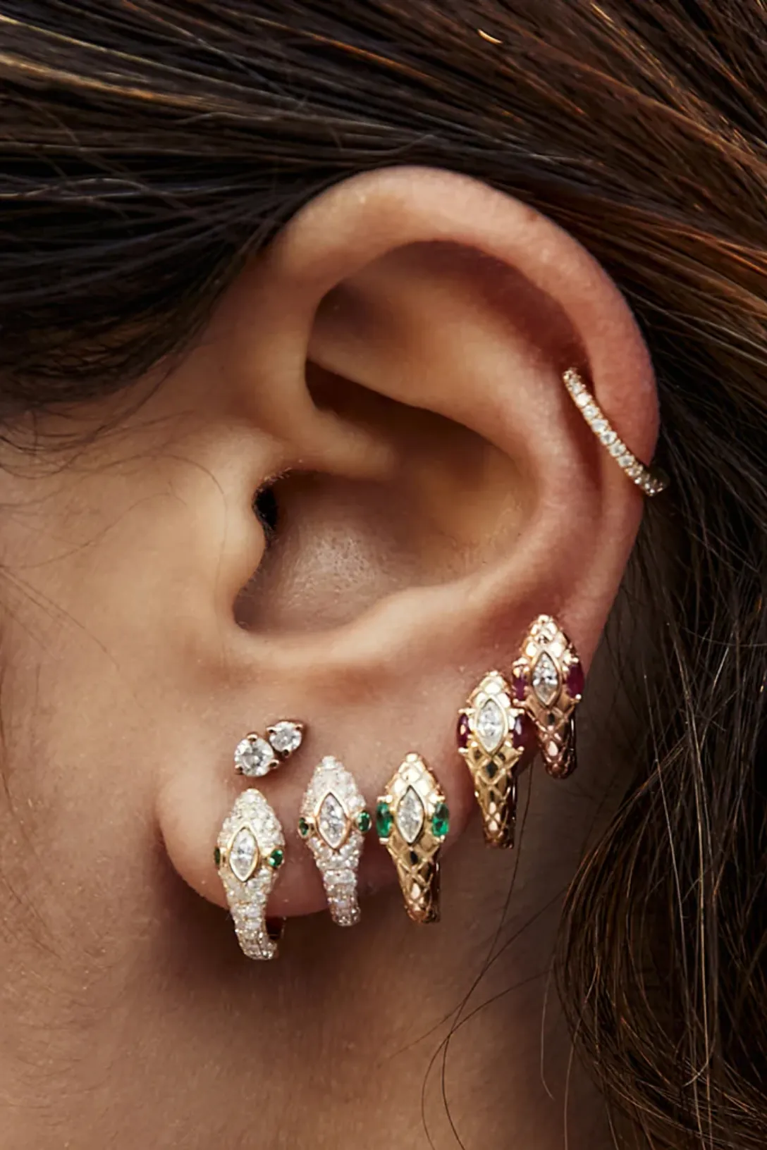 Emerald Eyes Marquise Diamond Head Snake Mini Hoop | Single
