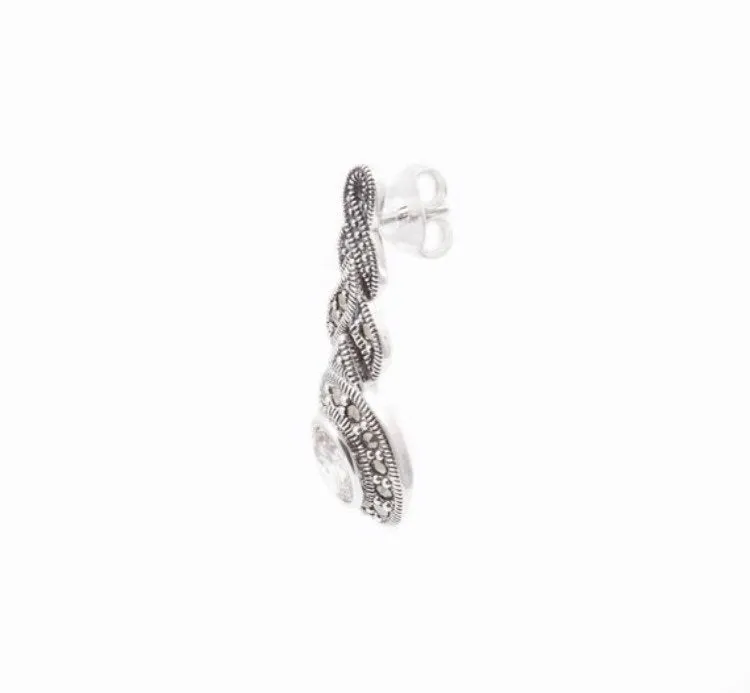 Emerald Green Earrings Silver Marcasite Oval Plait