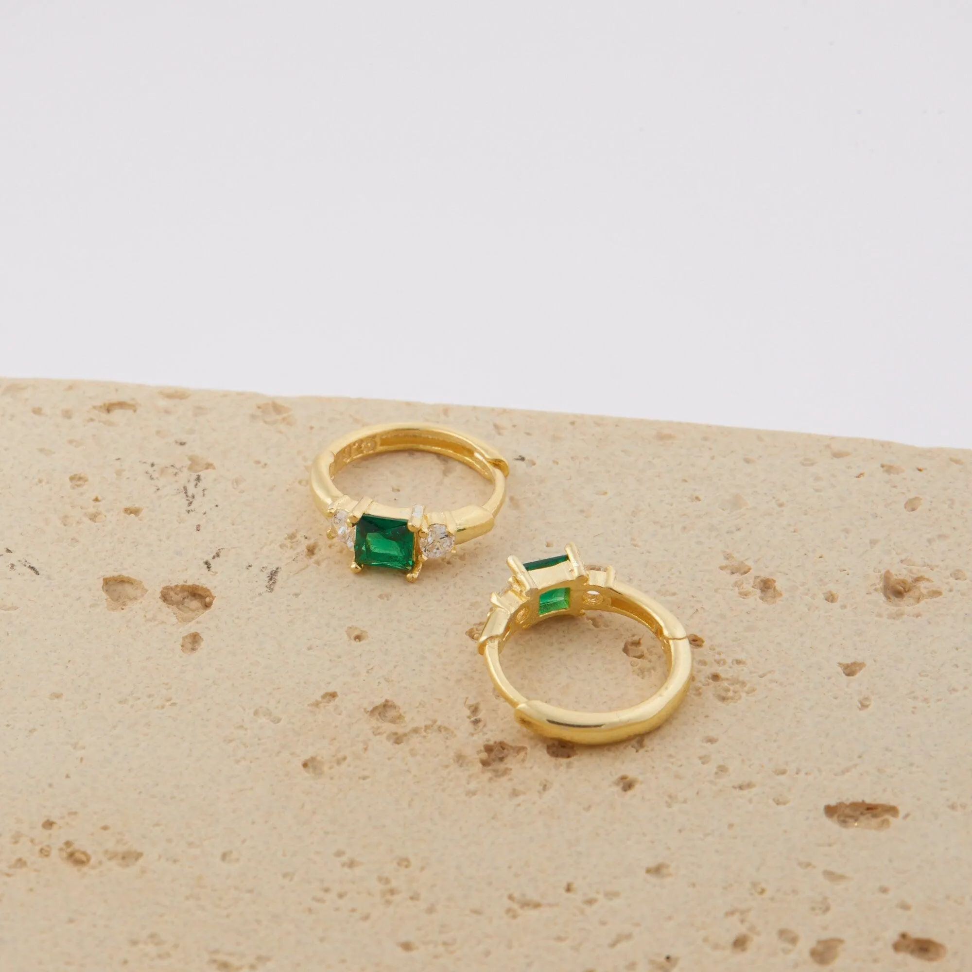 Emerald Hoop Dangle Earrings - 18K Gold Vermeil