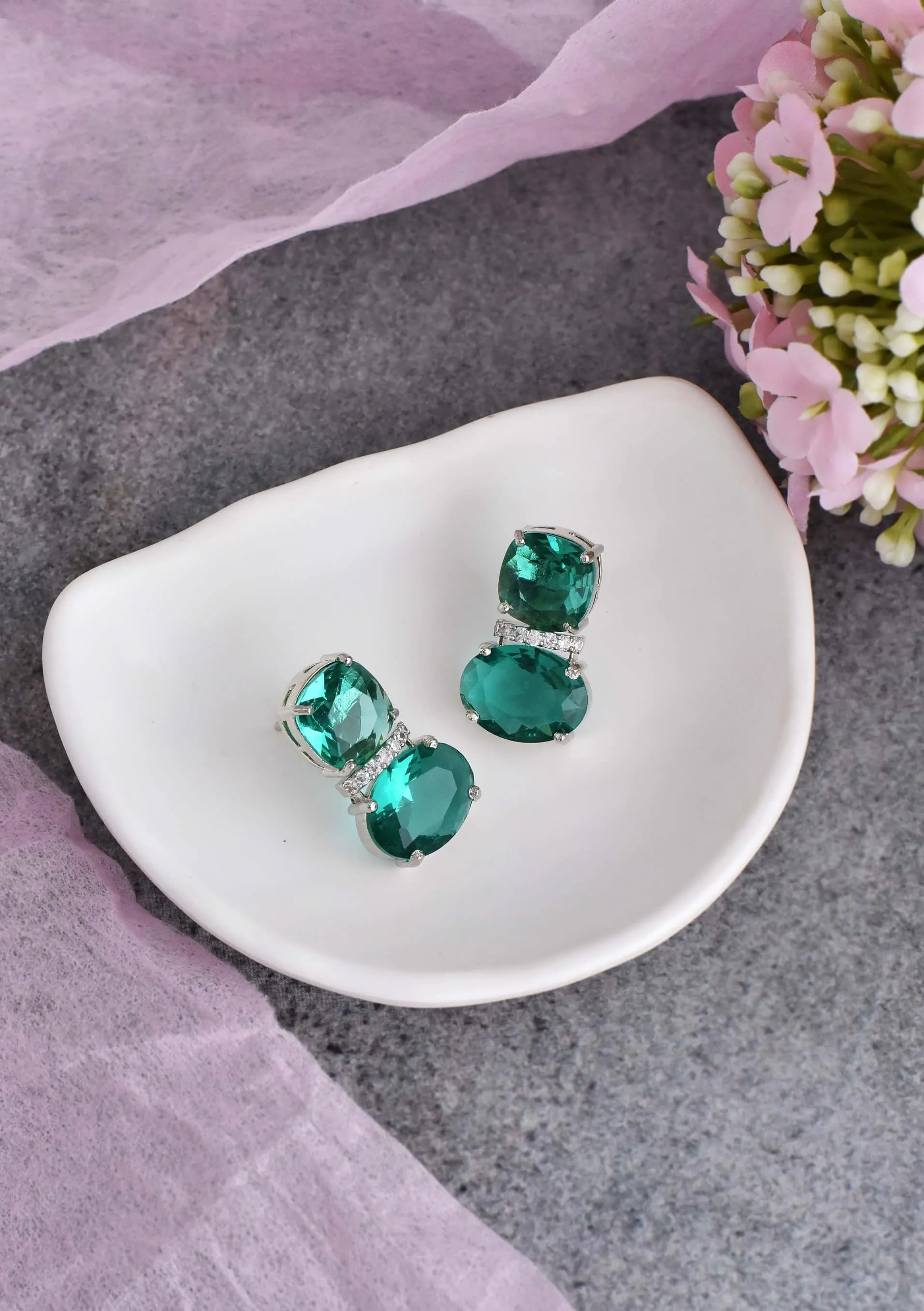 Emerald silver tone zirconia stud earrings