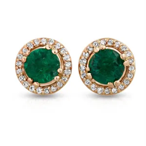 Emerald Stud Earrings with 0.18ct Round Diamonds, Push-back 14k Rose Gold