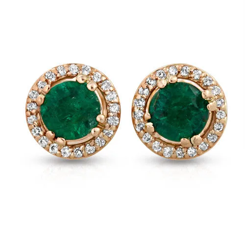 Emerald Stud Earrings with 0.18ct Round Diamonds, Push-back 14k Rose Gold