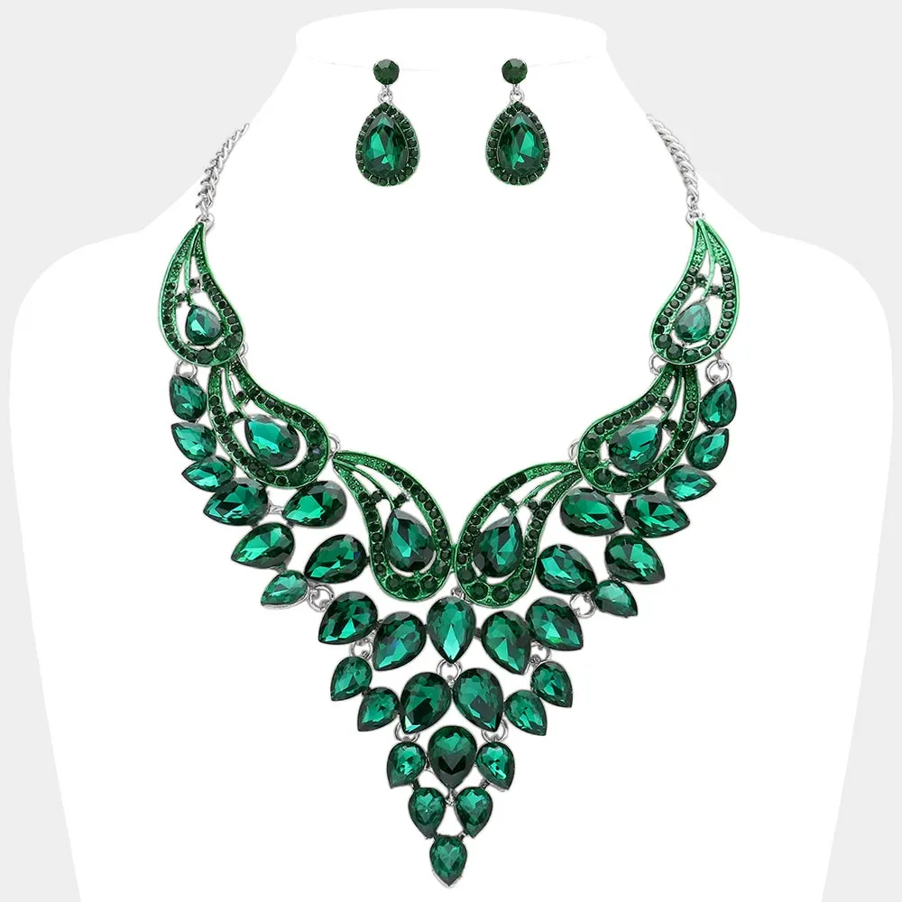 Emerald Teardrop Stone Evening Necklace Set   | Crystal Statement Necklace Set |  641546