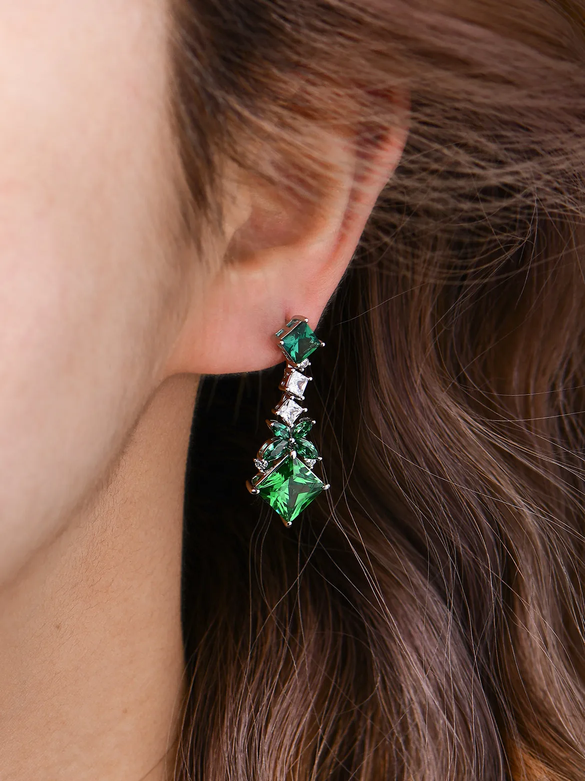 Emerald With Zirconia Princess Cut Earrings