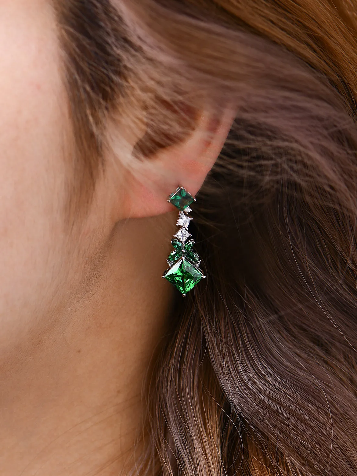 Emerald With Zirconia Princess Cut Earrings