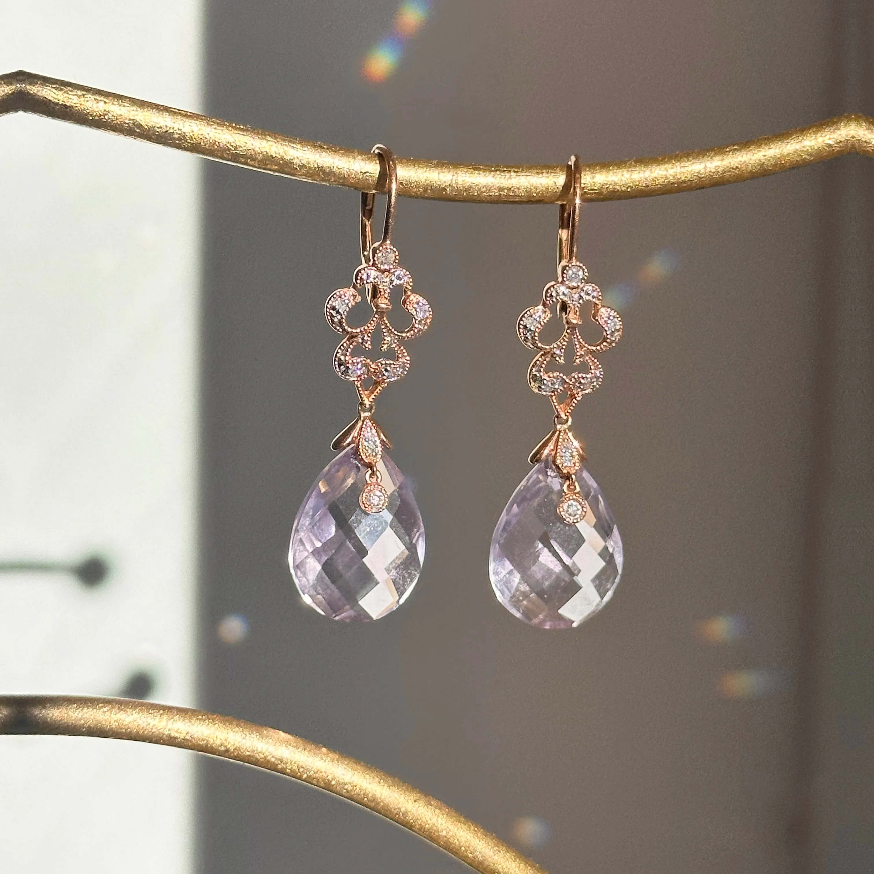 Estate 14KT Rose Gold Briolette Amethyst   Diamond Lever Back Earrings