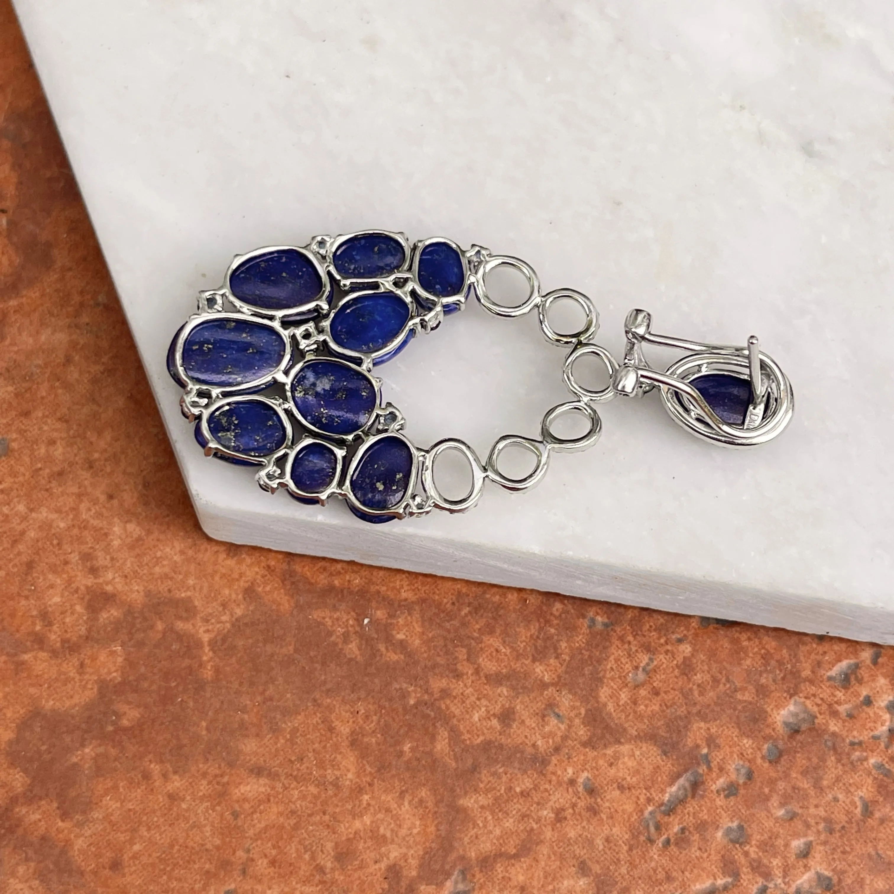 Estate 14KT White Gold Oval Blue Lapis, Blue Sapphire   Pave Diamond Earrings