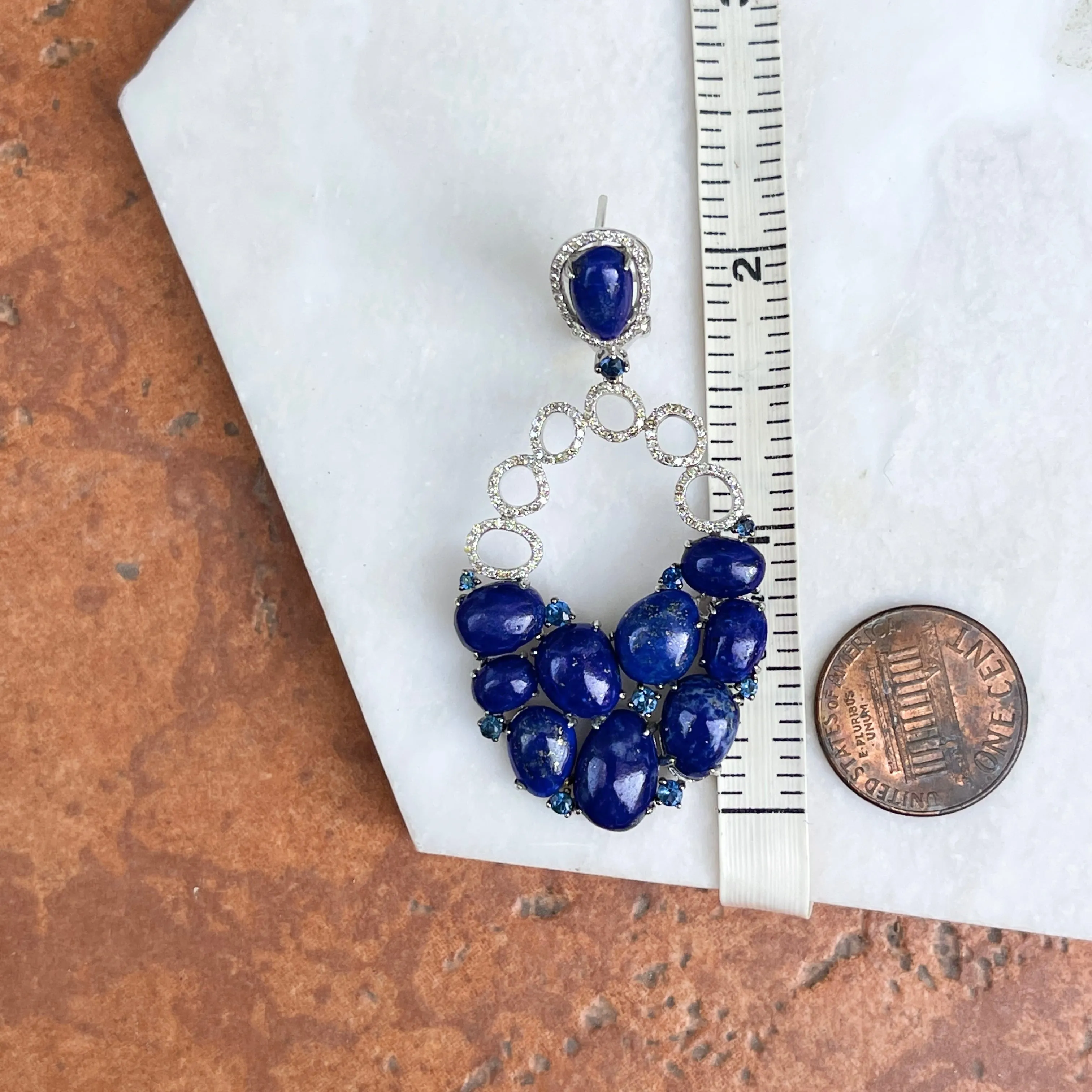 Estate 14KT White Gold Oval Blue Lapis, Blue Sapphire   Pave Diamond Earrings