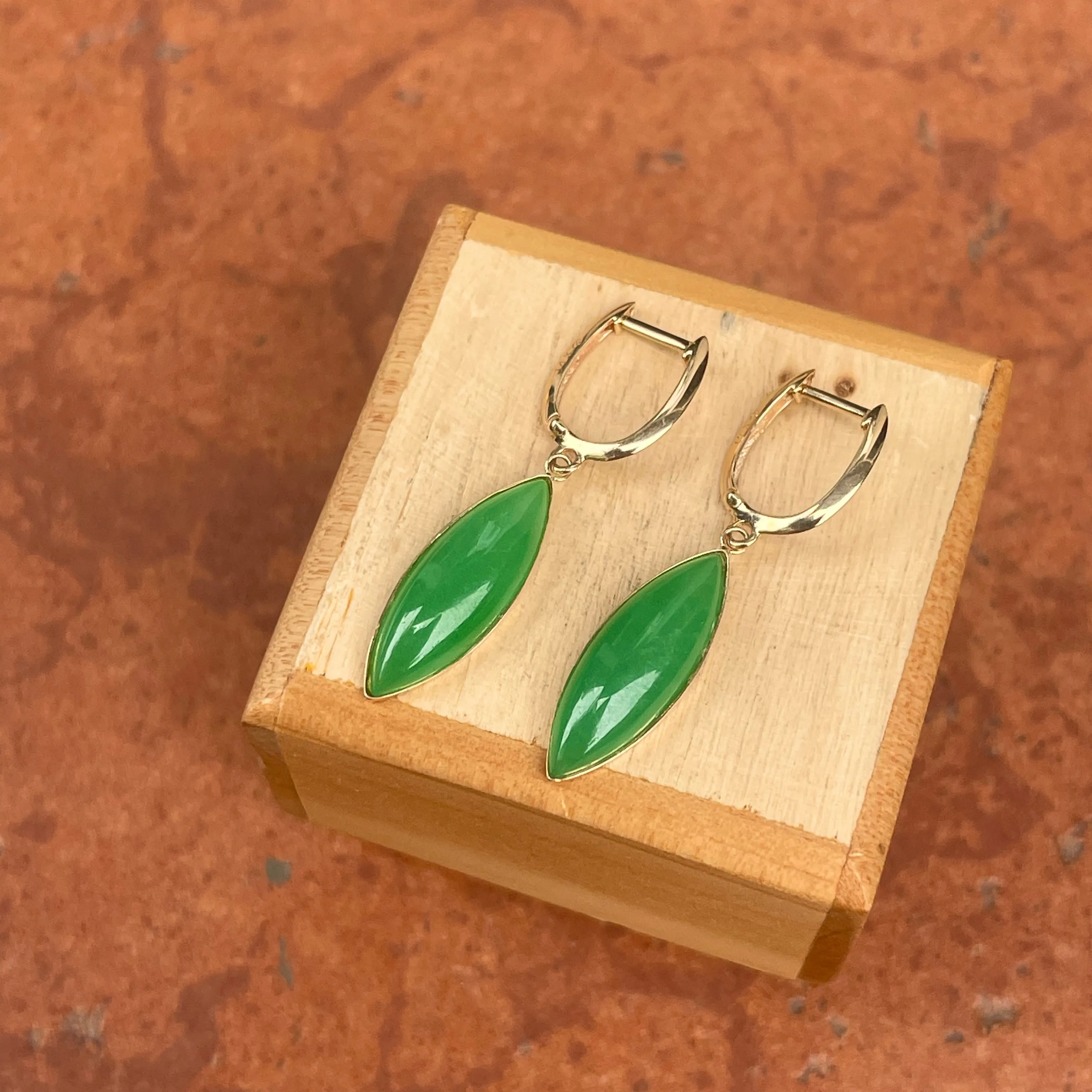 Estate 14KT Yellow Gold Marquise Jade Charm Hoop Earrings