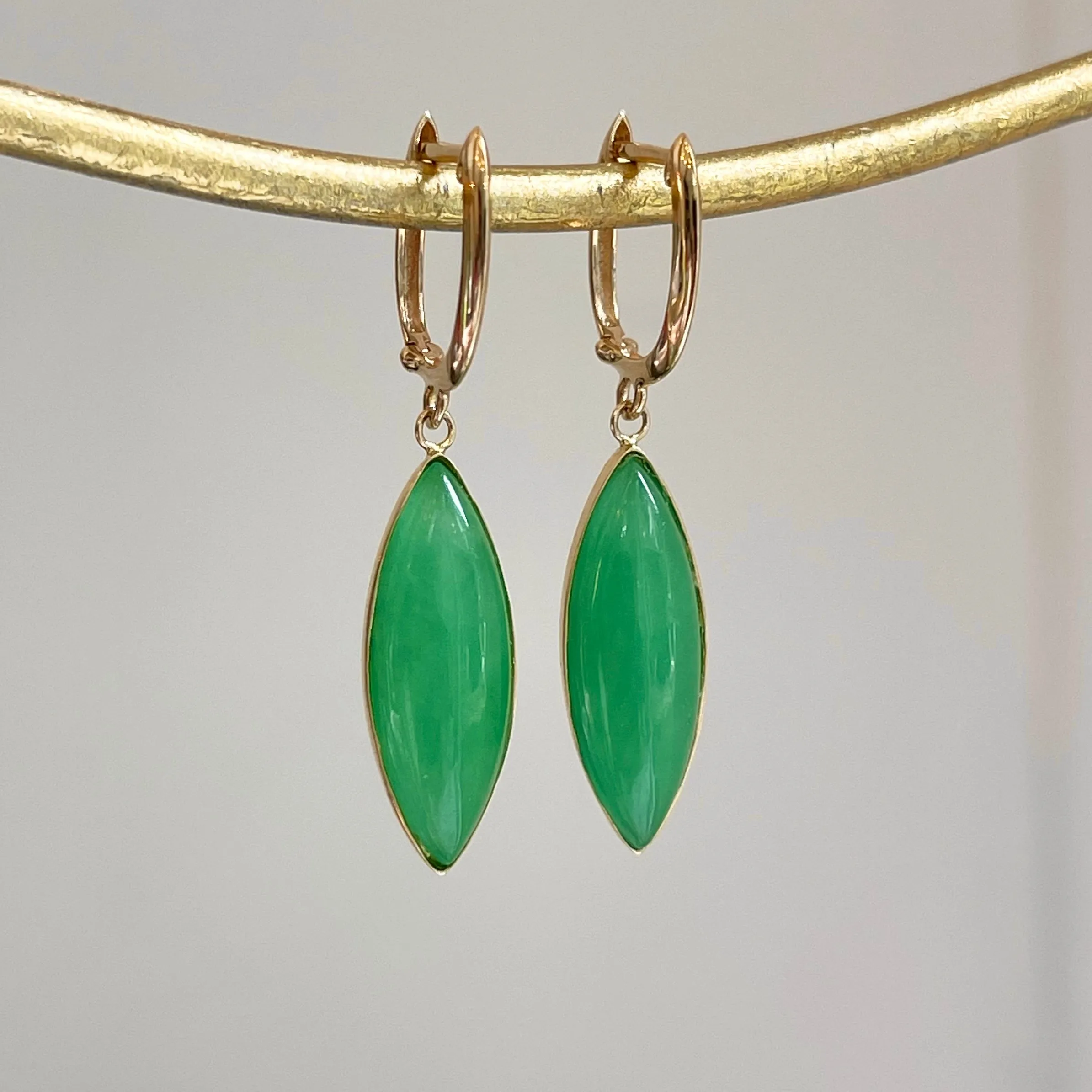 Estate 14KT Yellow Gold Marquise Jade Charm Hoop Earrings