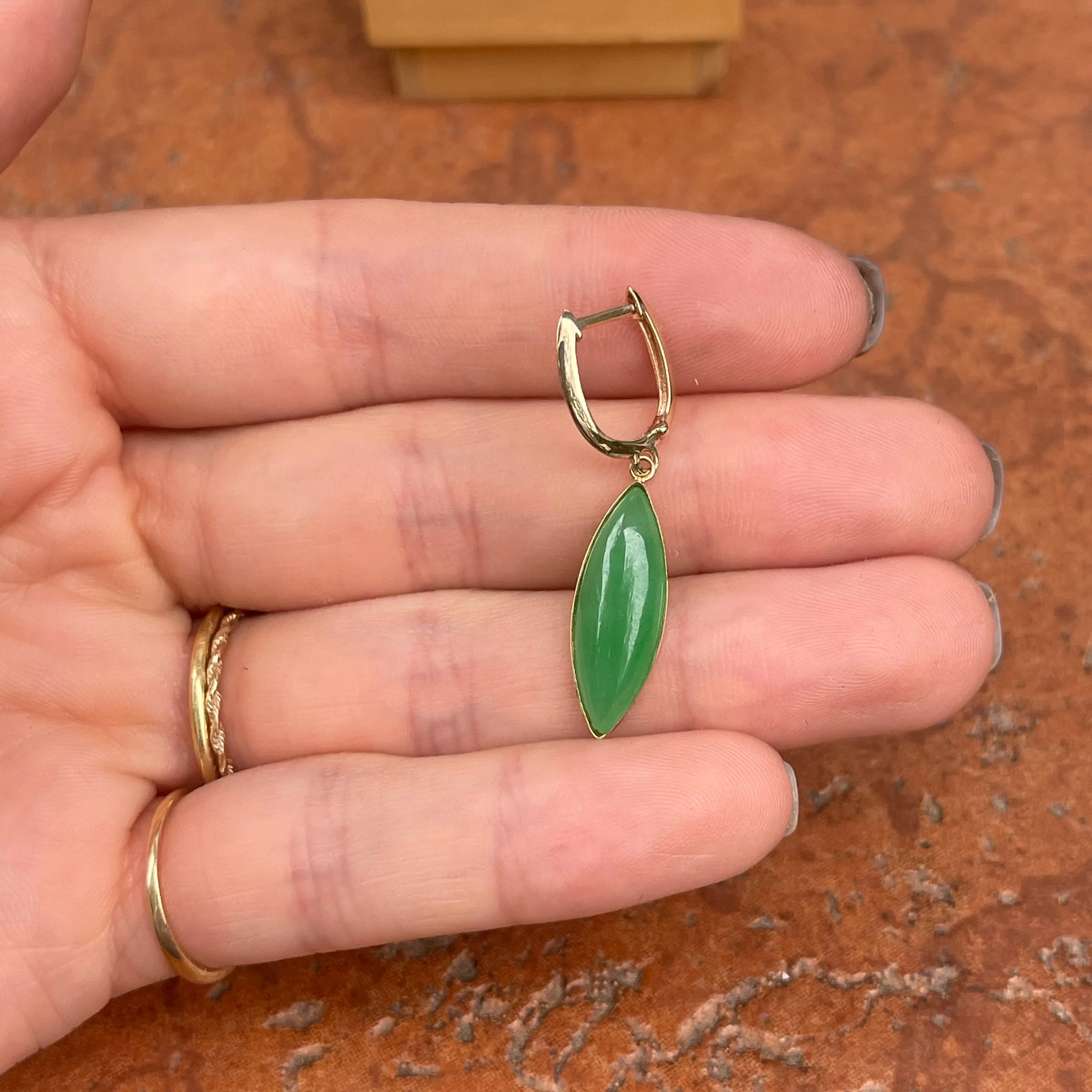 Estate 14KT Yellow Gold Marquise Jade Charm Hoop Earrings