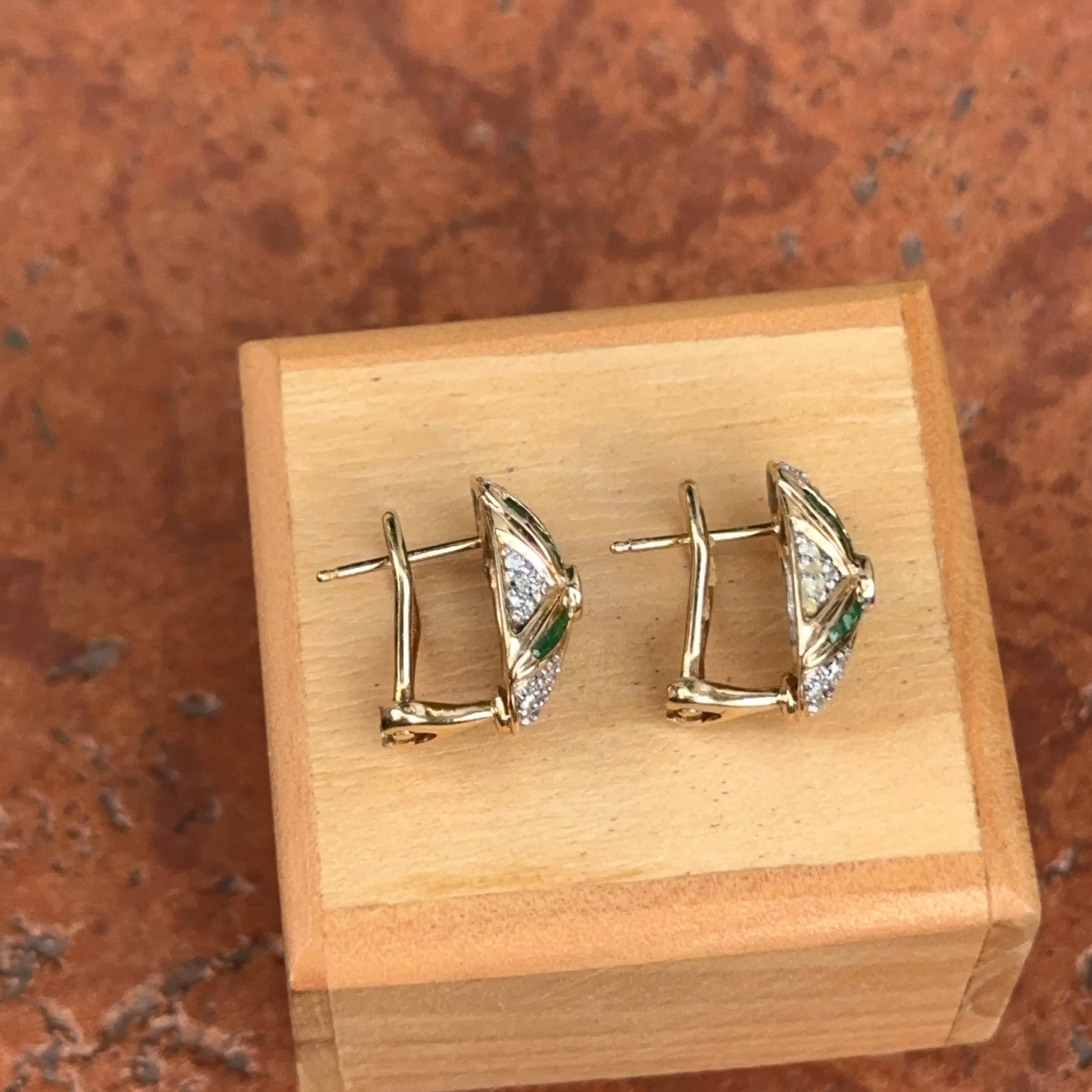 Estate 14KT Yellow Gold Pave Diamond   Square Emerald Omega Earrings