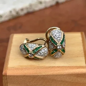 Estate 14KT Yellow Gold Pave Diamond   Square Emerald Omega Earrings