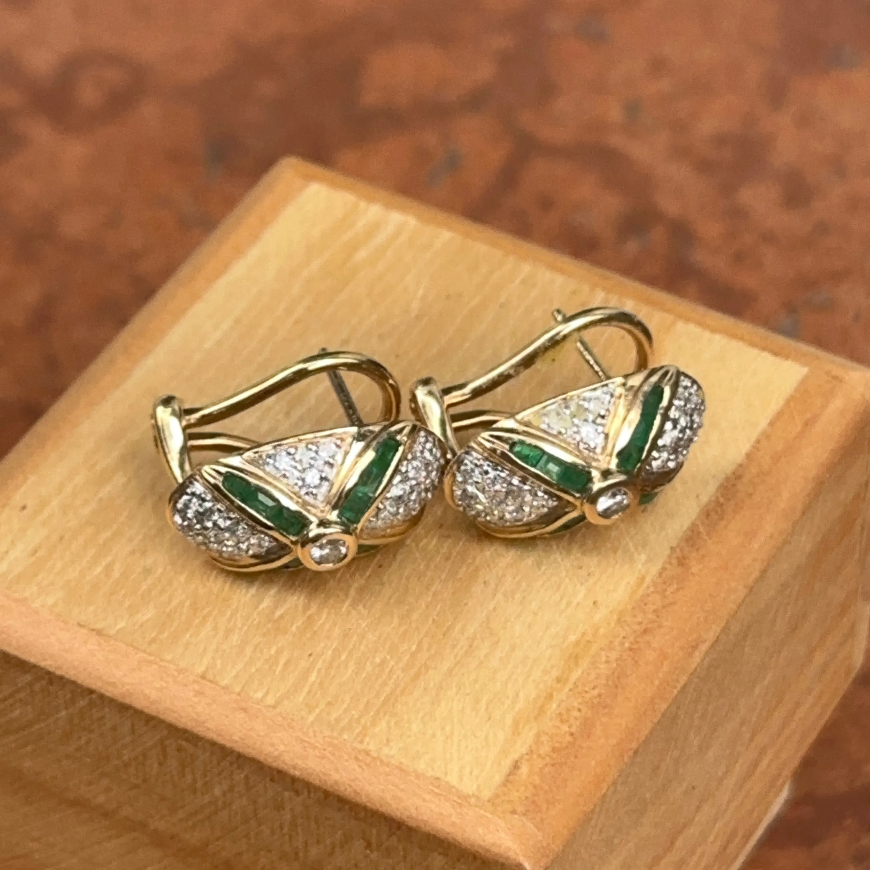 Estate 14KT Yellow Gold Pave Diamond   Square Emerald Omega Earrings