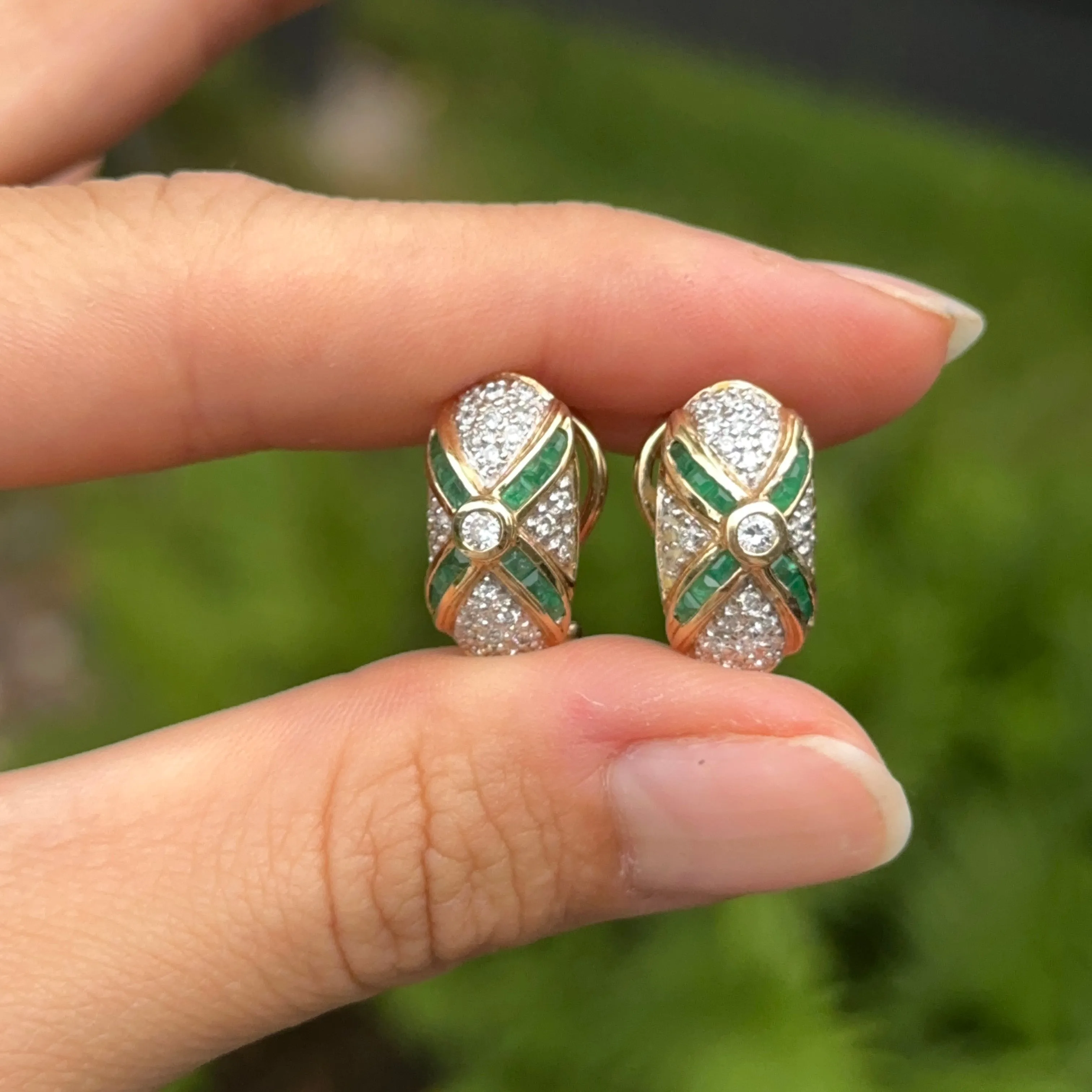 Estate 14KT Yellow Gold Pave Diamond   Square Emerald Omega Earrings