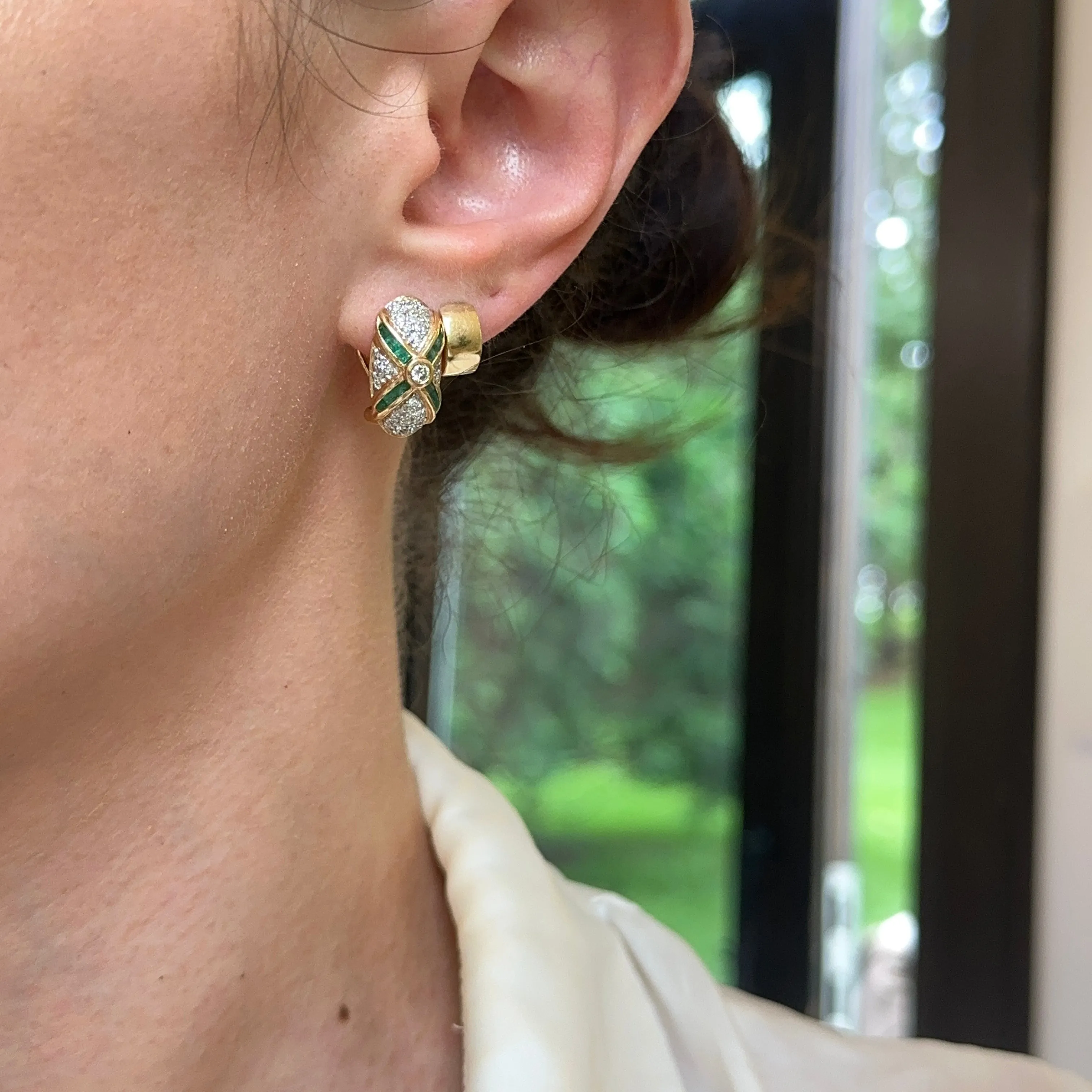Estate 14KT Yellow Gold Pave Diamond   Square Emerald Omega Earrings