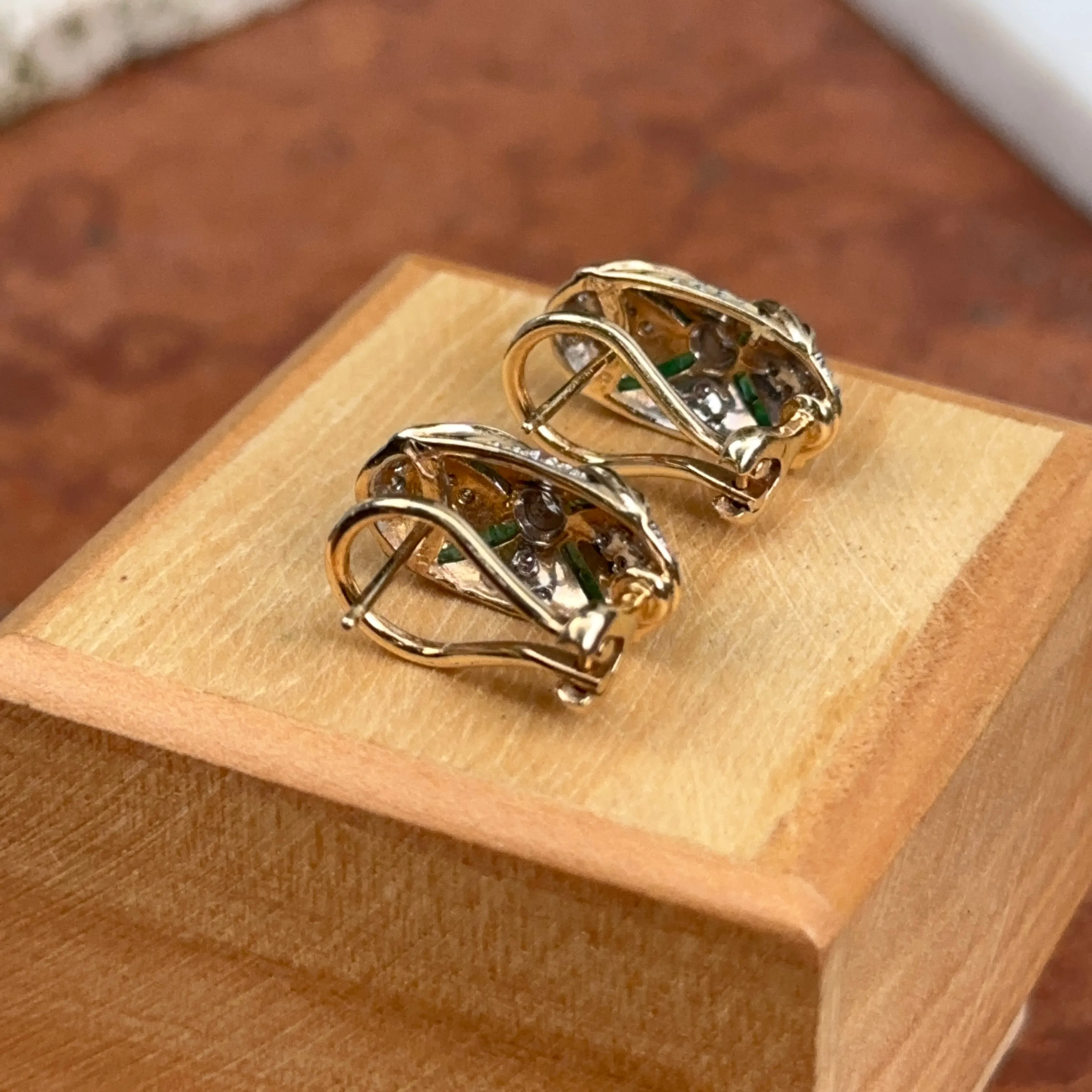 Estate 14KT Yellow Gold Pave Diamond   Square Emerald Omega Earrings
