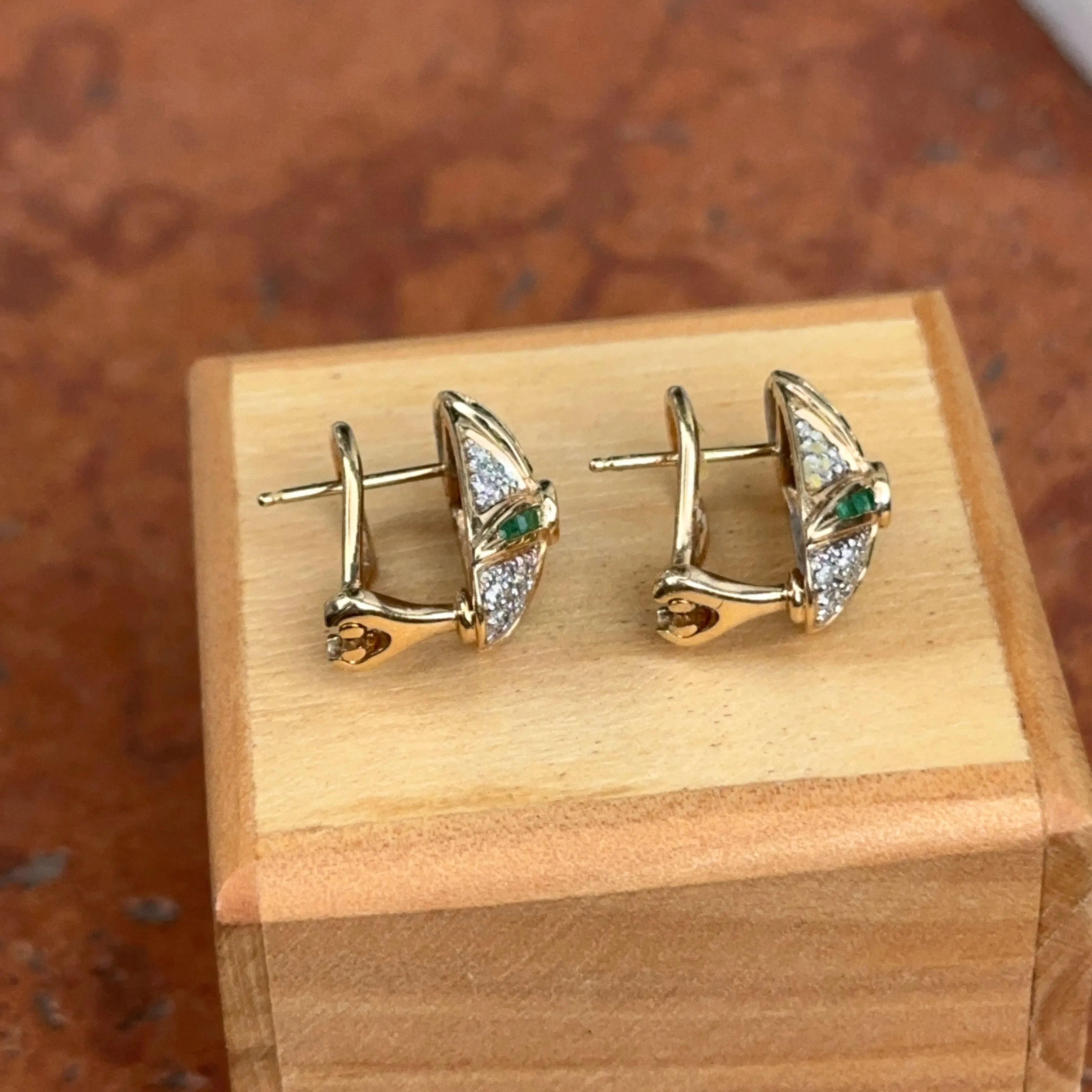 Estate 14KT Yellow Gold Pave Diamond   Square Emerald Omega Earrings