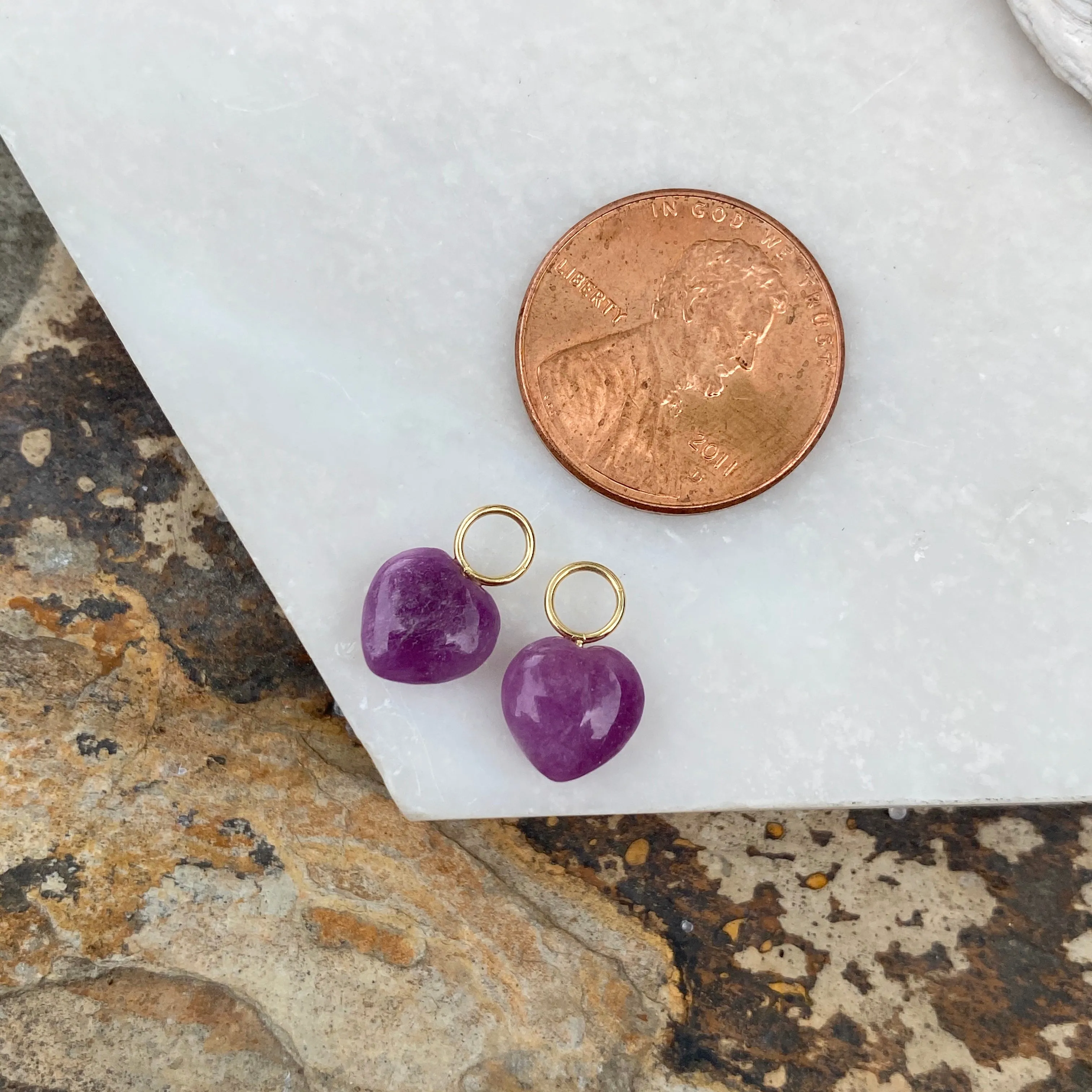 Estate 14KT Yellow Gold Purple Amethyst Heart-Shape Mini Earring Charms