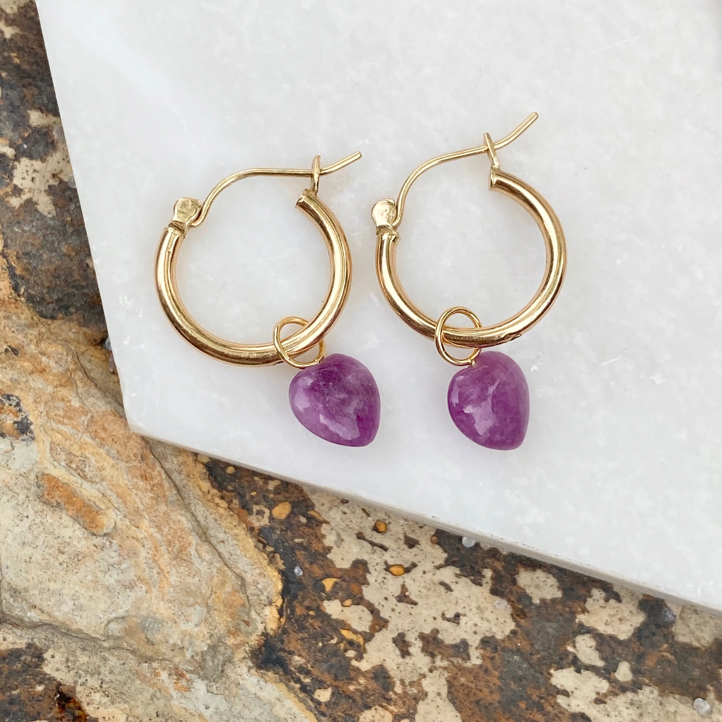 Estate 14KT Yellow Gold Purple Amethyst Heart-Shape Mini Earring Charms