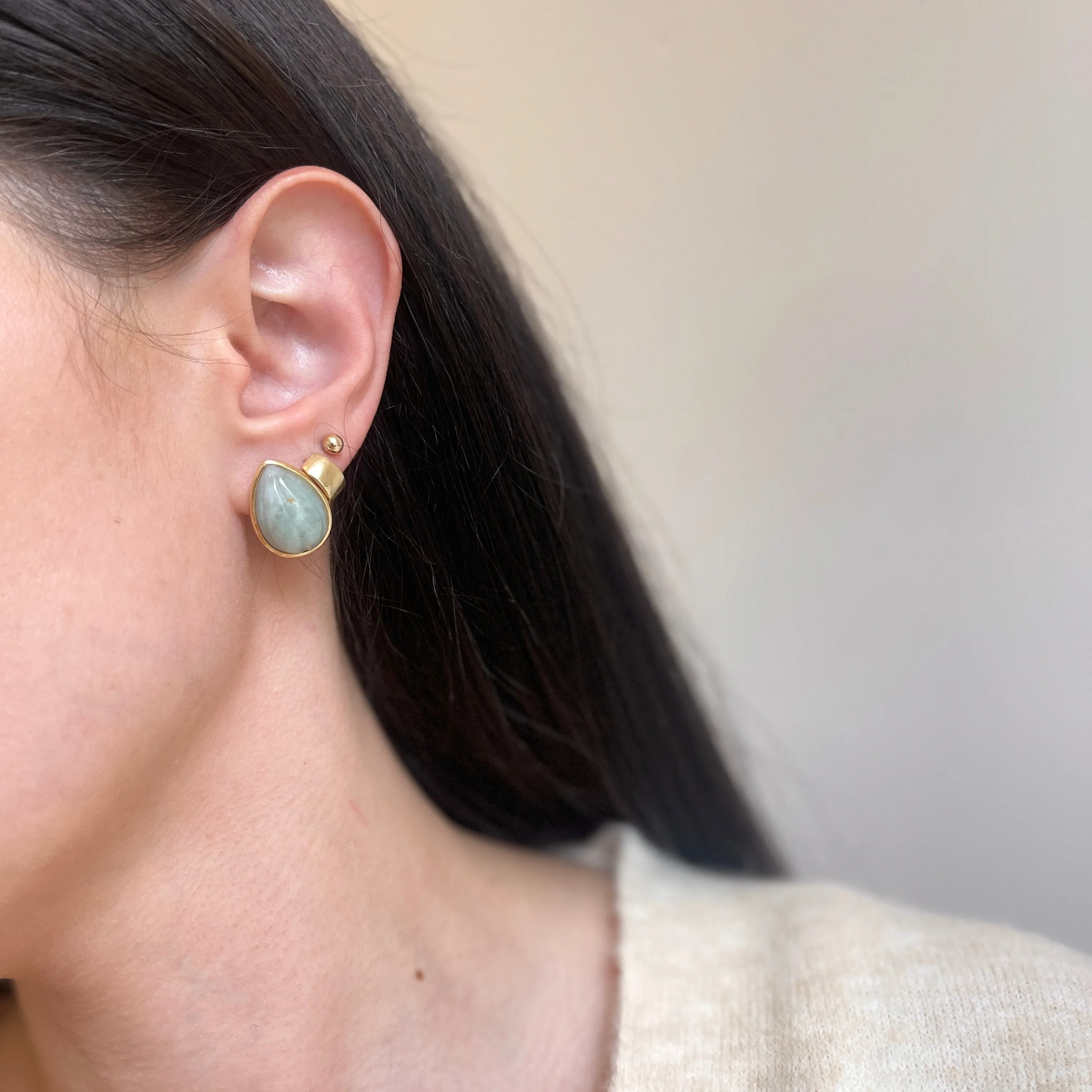 Estate 14KT Yellow Gold Teardrop Pale Celadon Jade Omega Back Earrings