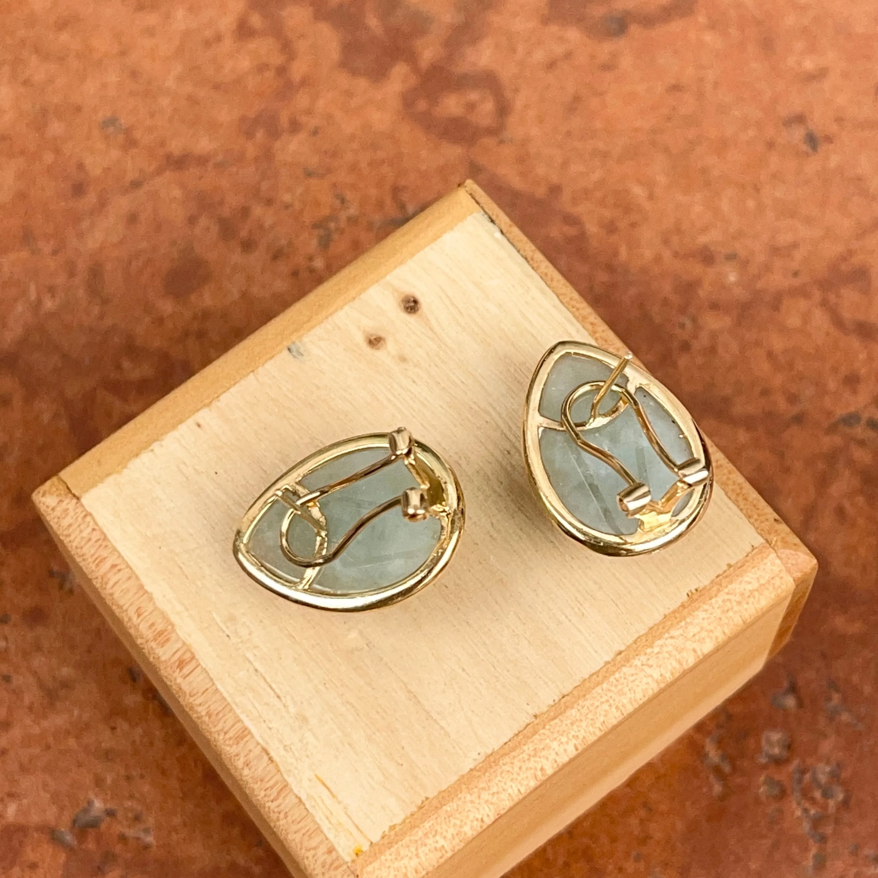 Estate 14KT Yellow Gold Teardrop Pale Celadon Jade Omega Back Earrings