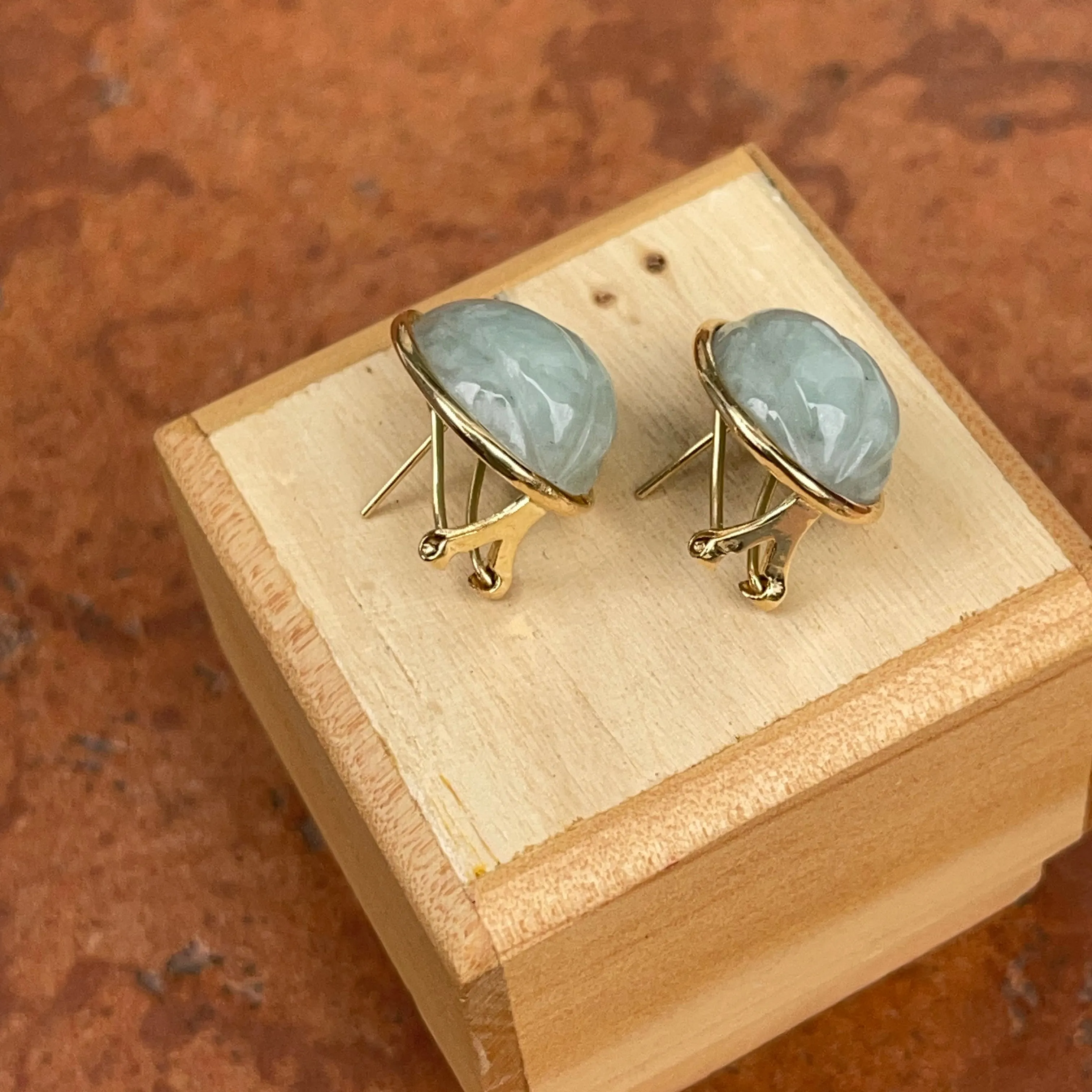 Estate 14KT Yellow Gold Teardrop Pale Celadon Jade Omega Back Earrings