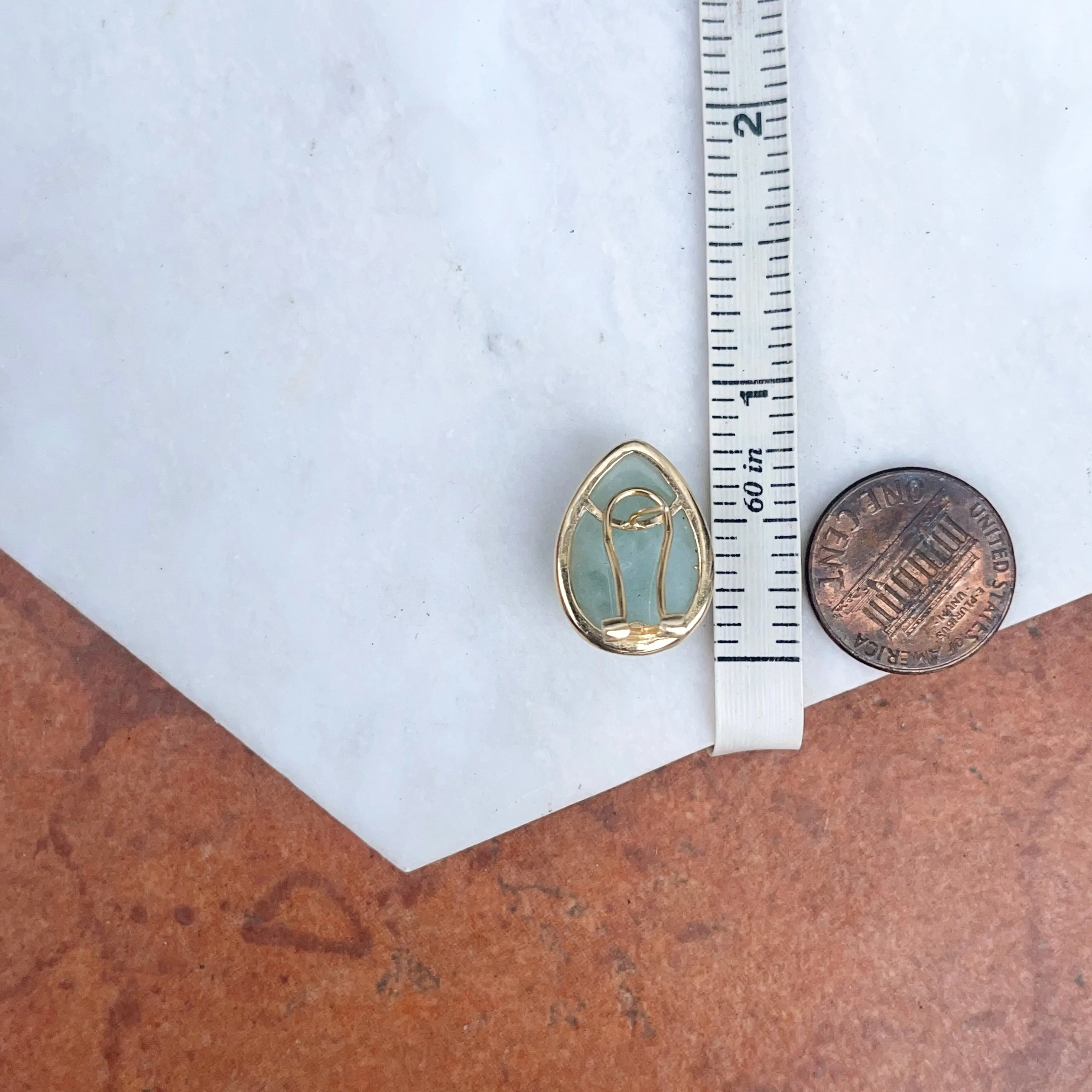Estate 14KT Yellow Gold Teardrop Pale Celadon Jade Omega Back Earrings