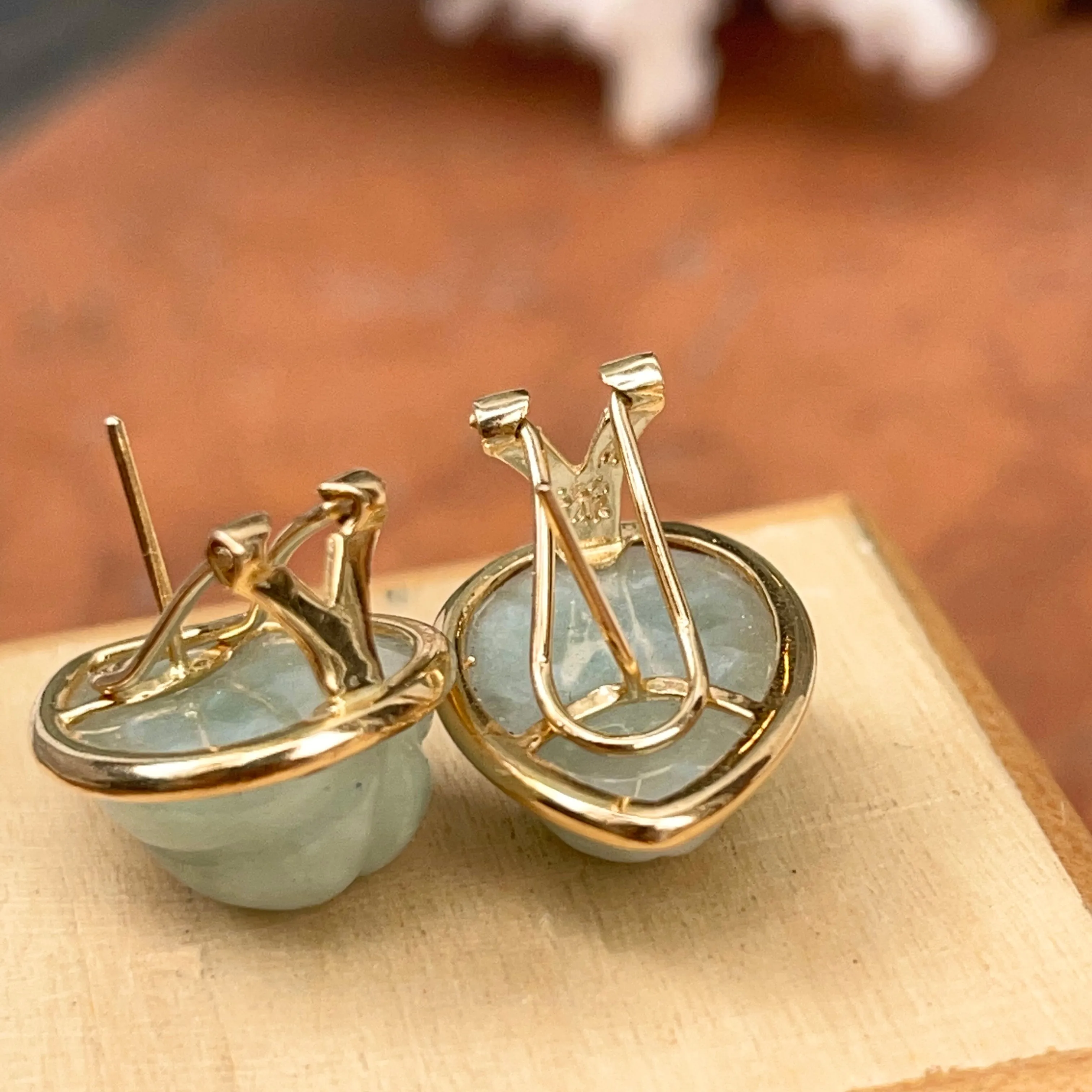 Estate 14KT Yellow Gold Teardrop Pale Celadon Jade Omega Back Earrings