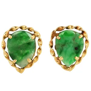 Estate 18K Yellow Gold Rope Earrings with Carved Jade