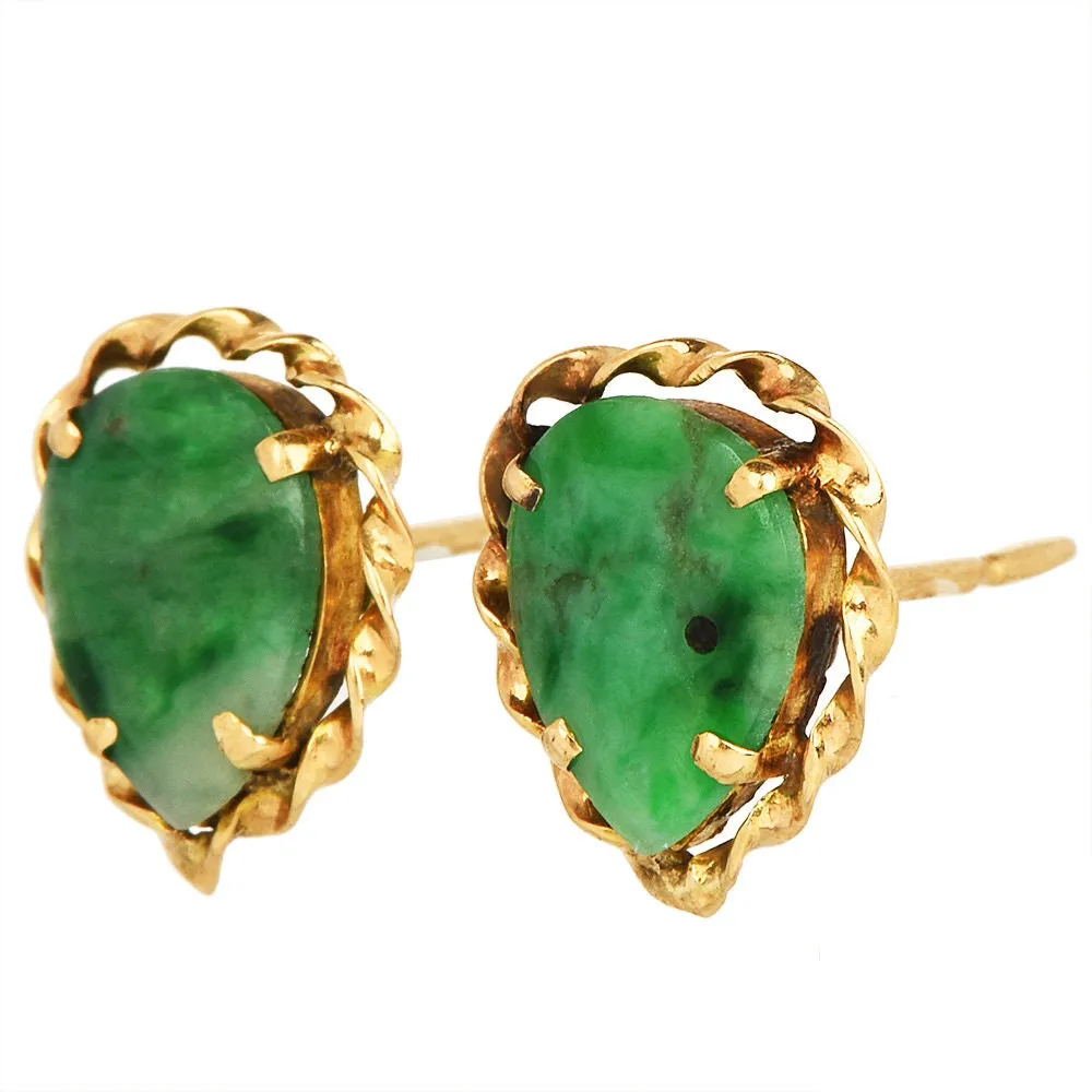 Estate 18K Yellow Gold Rope Earrings with Carved Jade