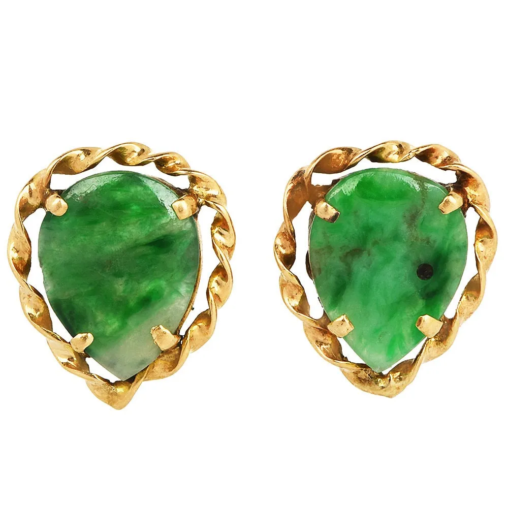 Estate 18K Yellow Gold Rope Earrings with Carved Jade
