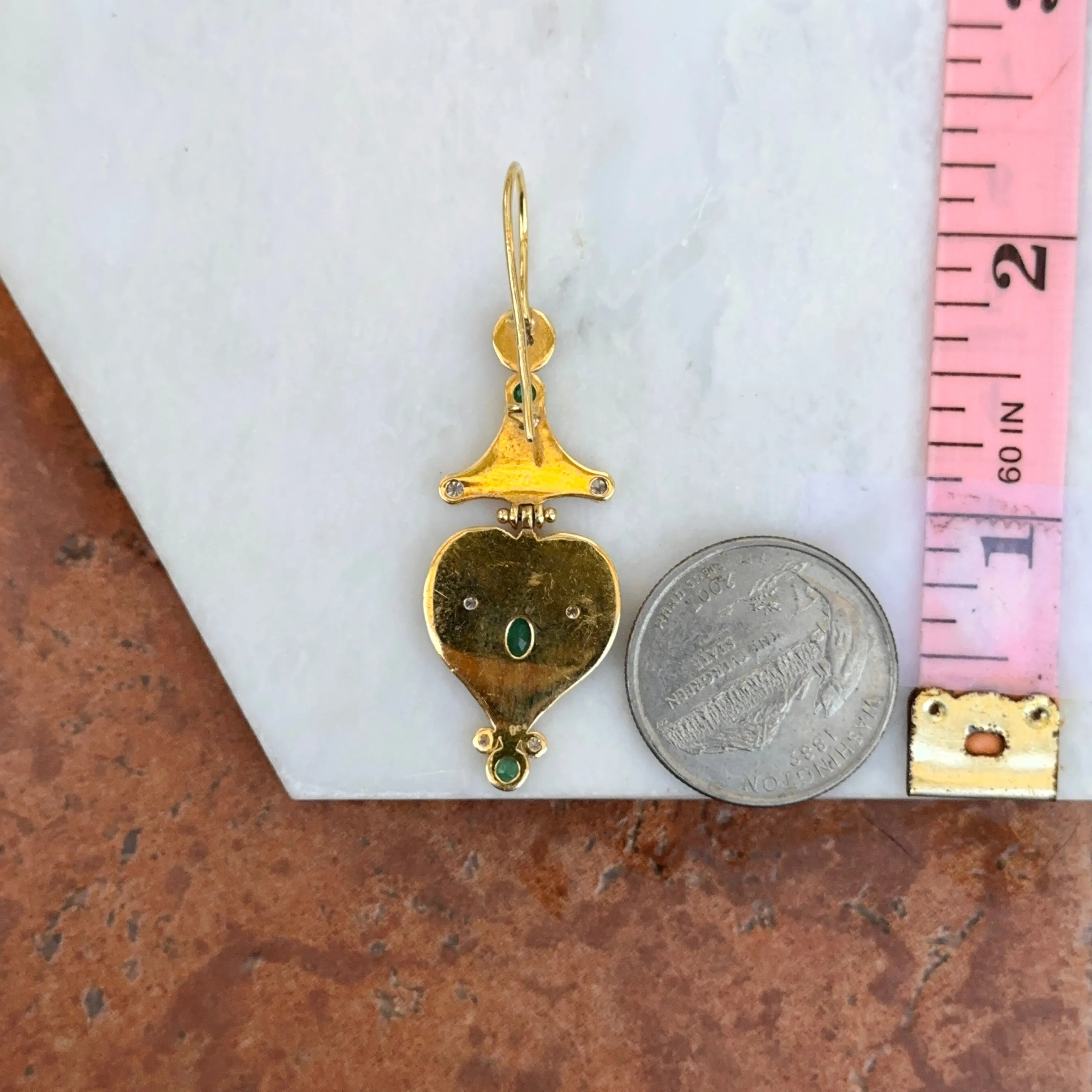 Estate 18KT Yellow Gold Byzantine Emerald   Diamond Dangle Earrings