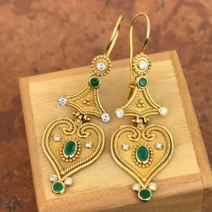 Estate 18KT Yellow Gold Byzantine Emerald   Diamond Dangle Earrings