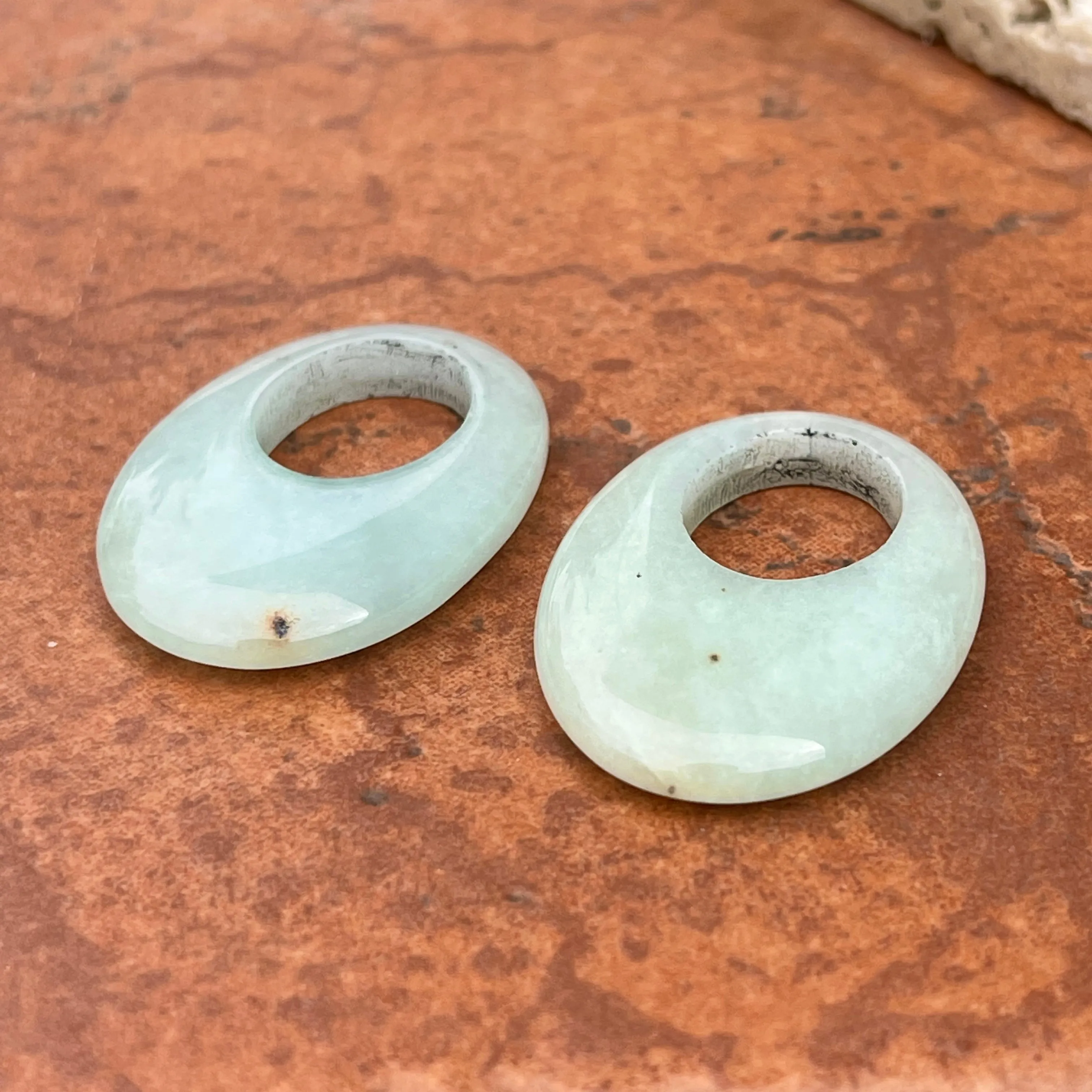 Estate Genuine Pale Serpentine Jade Oval Disc Gemstone Earring Charms