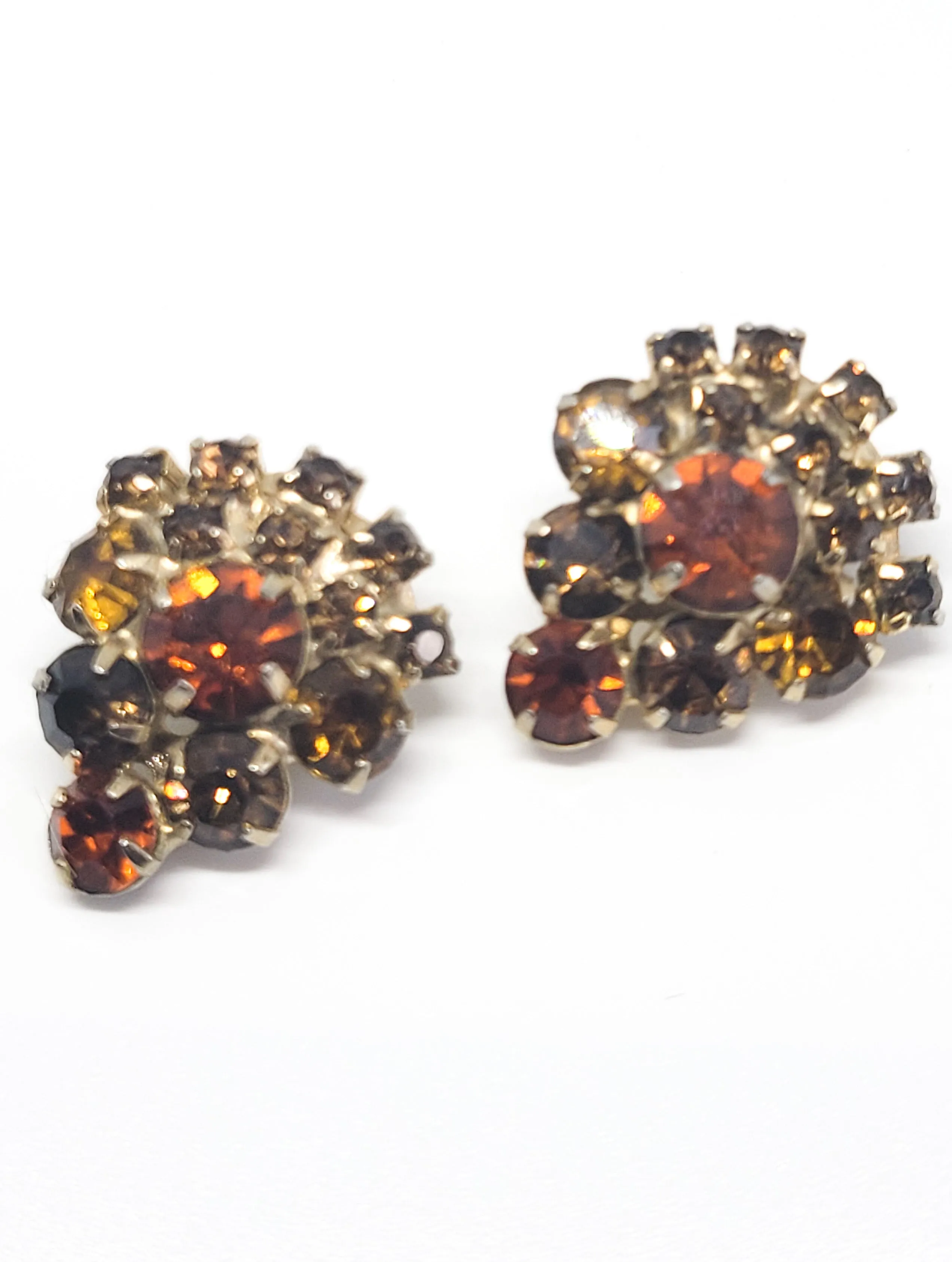 Estate warm topaz and amber vintage rhinestone clip on cluster earrings