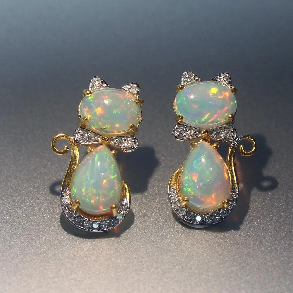 Ethiopian Solid Opal Diamond 18k Solid Yellow Gold Kitty Cat Bow Stud Earrings, Designer Earrings, Cute Earrings