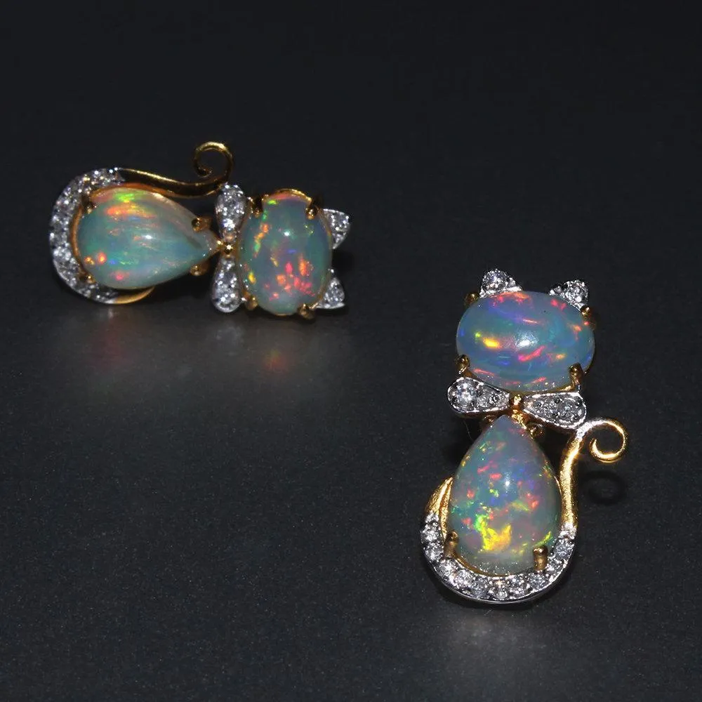 Ethiopian Solid Opal Diamond 18k Solid Yellow Gold Kitty Cat Bow Stud Earrings, Designer Earrings, Cute Earrings