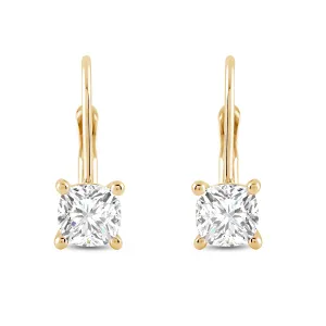 Everyday Elegance 14K Solid Yellow Gold Earrings Cushion Cut Cubic Zirconia Leverback Drop Dangle Basket Setting 2.0 CTW, 1.0 CTW each With Gift Box