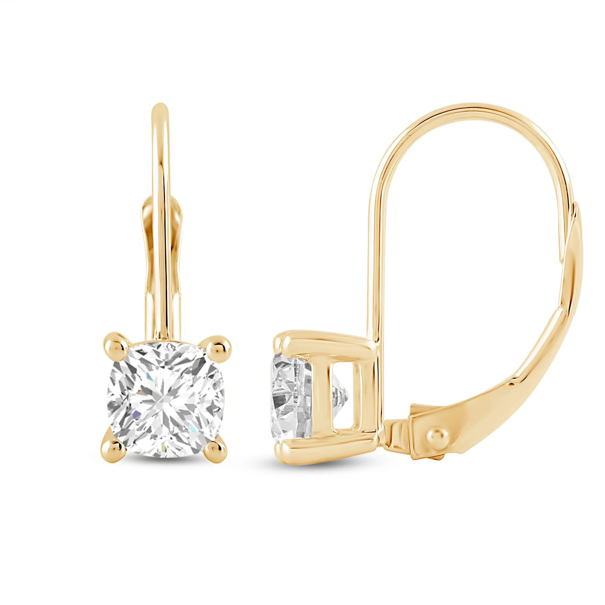 Everyday Elegance 14K Solid Yellow Gold Earrings Cushion Cut Cubic Zirconia Leverback Drop Dangle Basket Setting 2.0 CTW, 1.0 CTW each With Gift Box