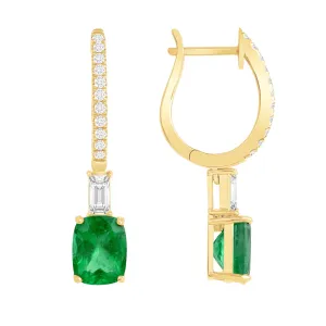 Exquisite Dangling Cushion-cut Emerald Earrings with accented of Baguette Diamonds in 14k Yellow Gold
