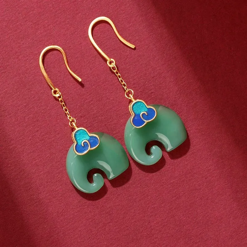 Exquisite Green Jade Elephant Earrings
