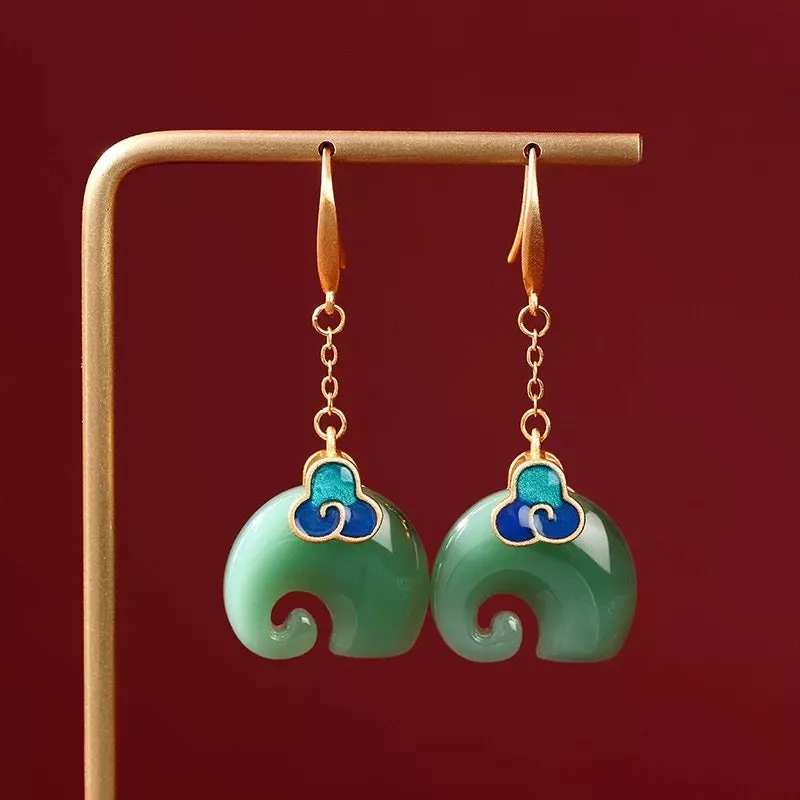 Exquisite Green Jade Elephant Earrings