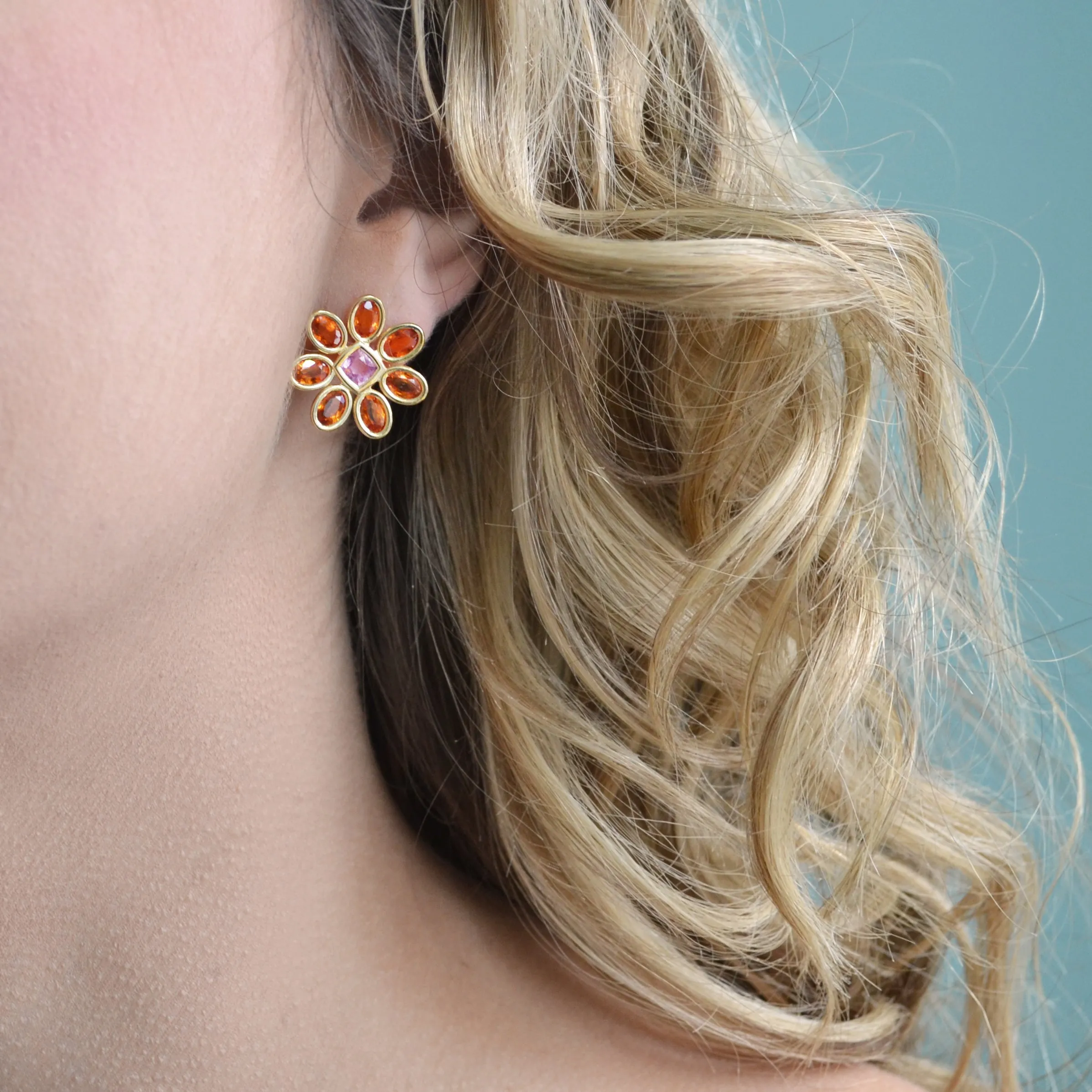 Fiori - Mismatched Button Earrings with Pink and Orange Sapphires, 18k Yellow Gold