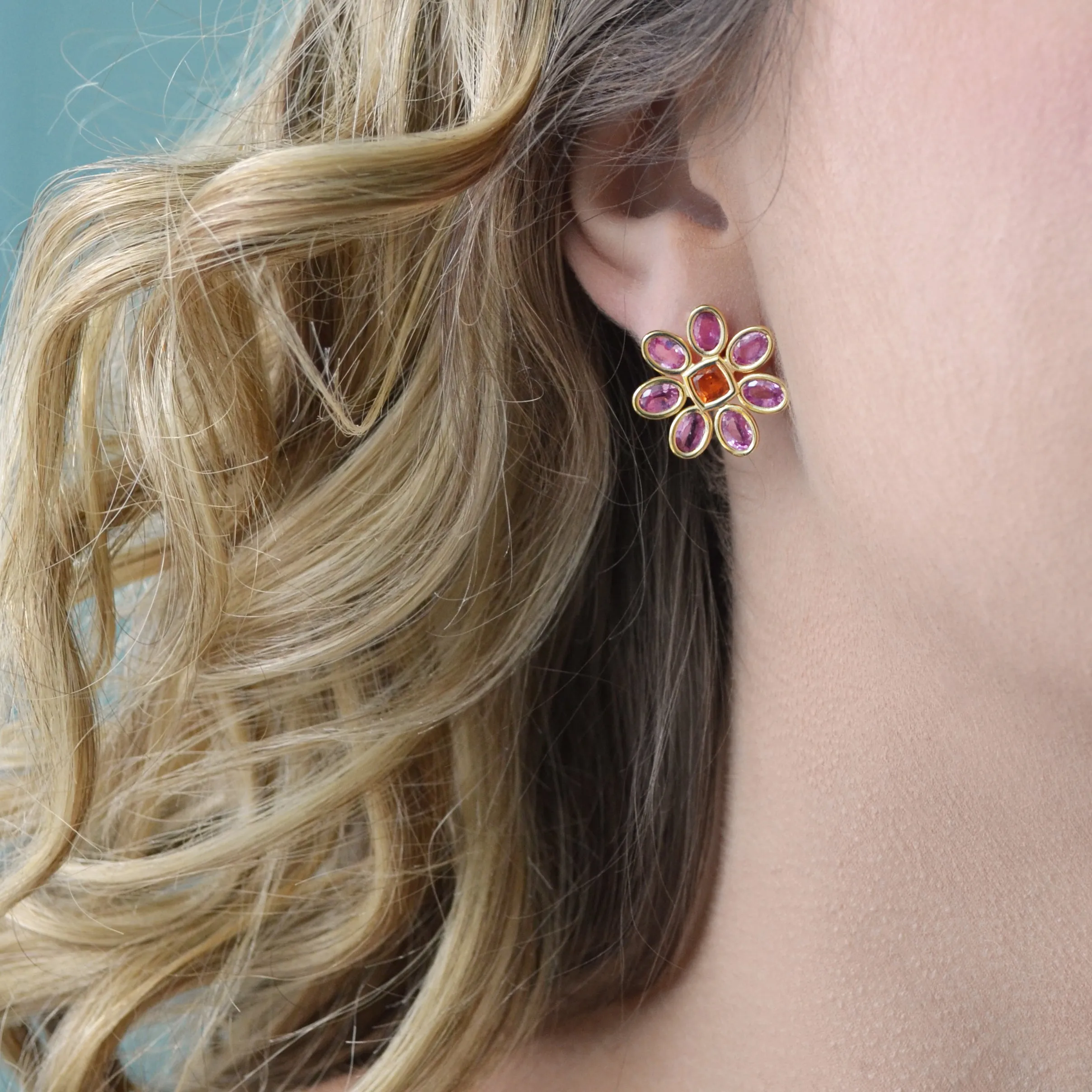 Fiori - Mismatched Button Earrings with Pink and Orange Sapphires, 18k Yellow Gold