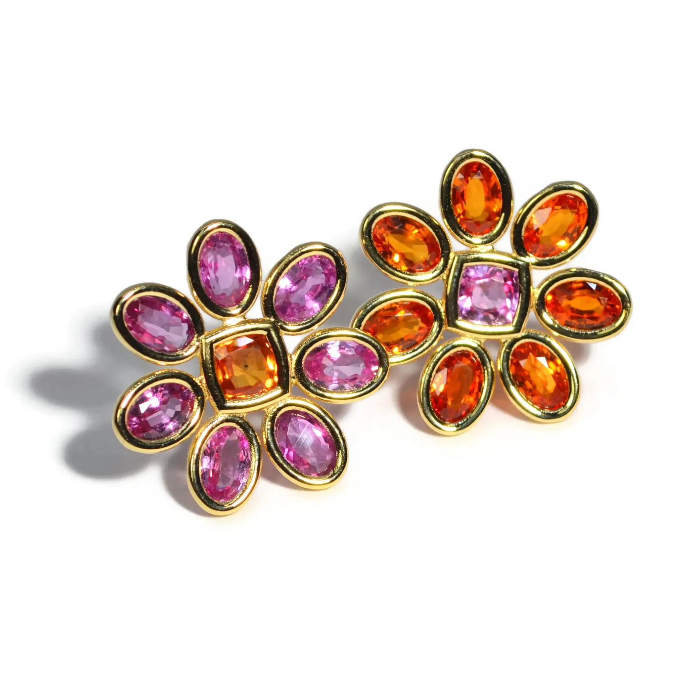 Fiori - Mismatched Button Earrings with Pink and Orange Sapphires, 18k Yellow Gold
