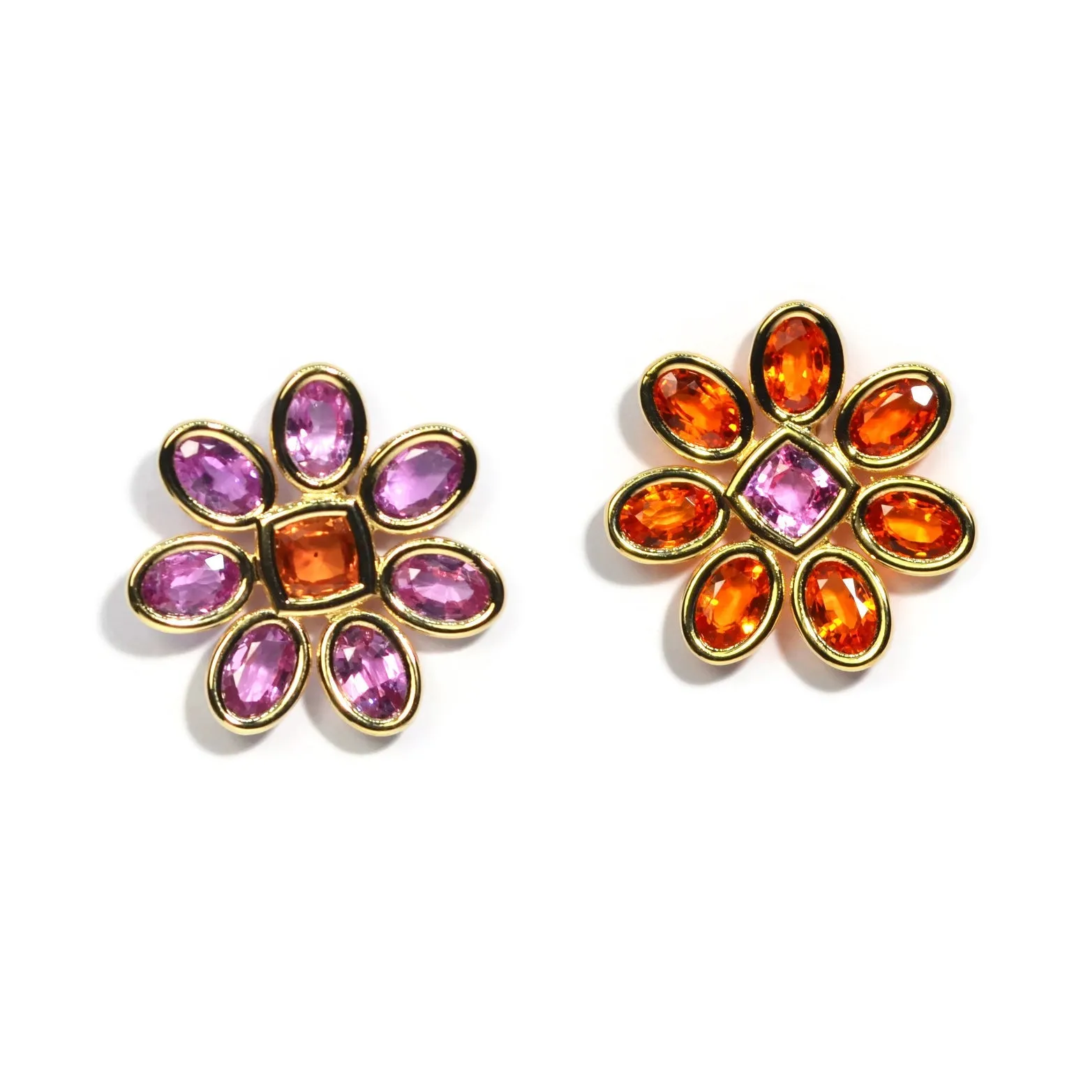 Fiori - Mismatched Button Earrings with Pink and Orange Sapphires, 18k Yellow Gold