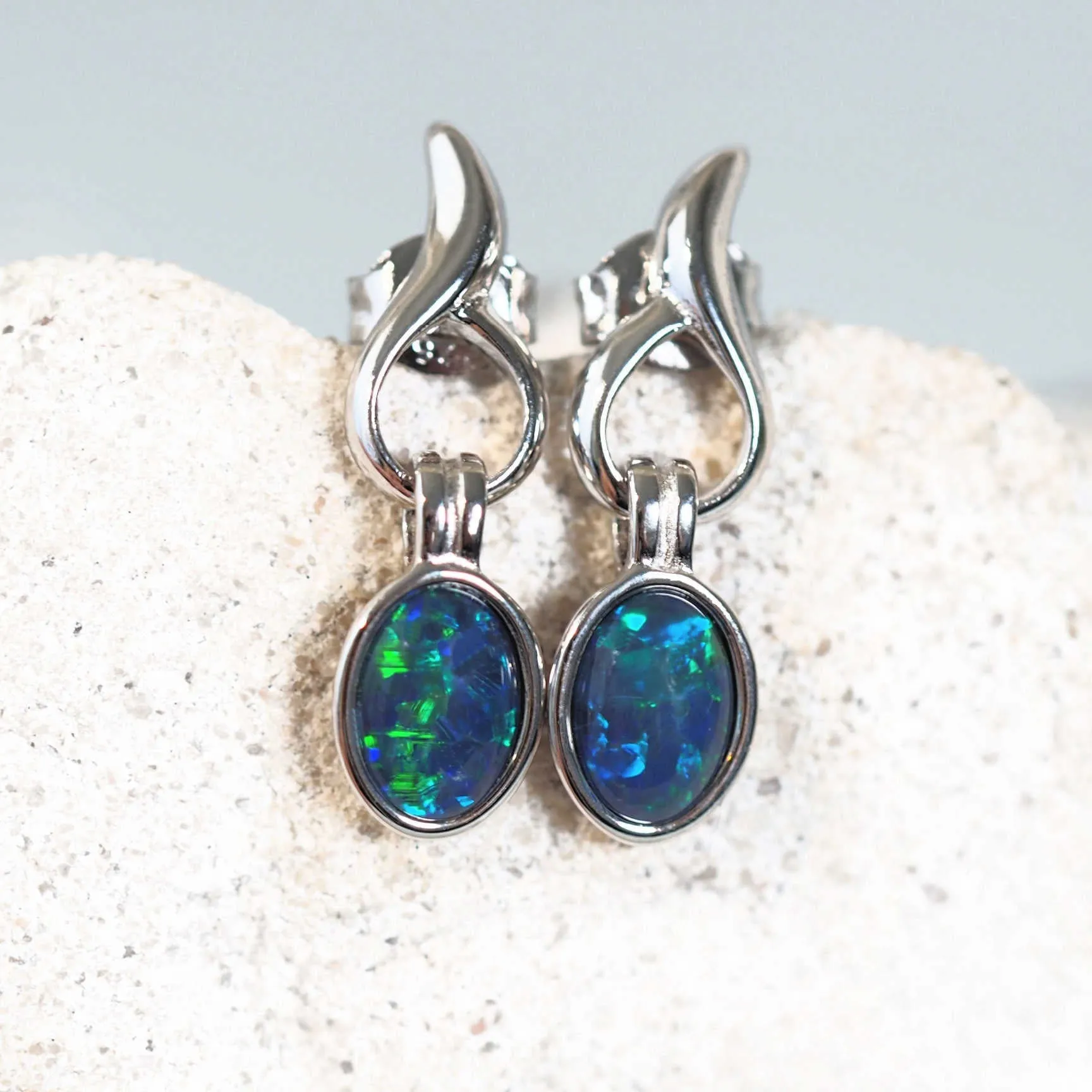 'Flame Blue' Triplet Opal Earrings Silver