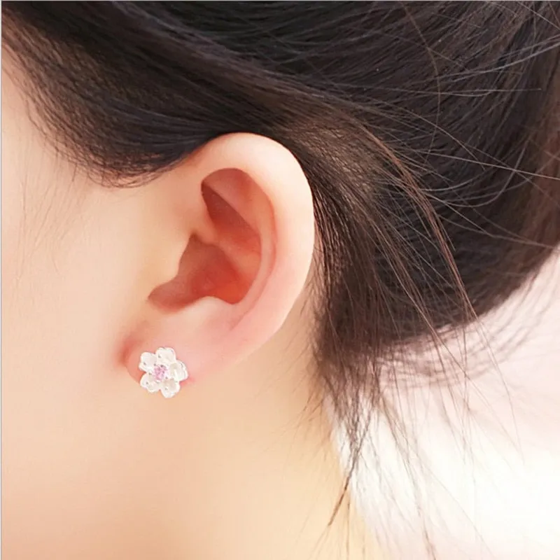 Flower Pink Zircon Stud Earrings 925 Sterling Silver For Women Jewelry